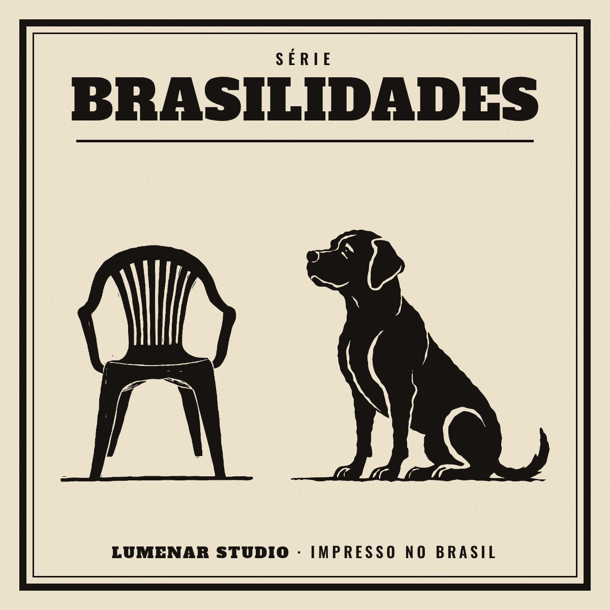 Capa da Série Brasilidades: uma cadeira de plástico na calçada e um cachorro caramelo
