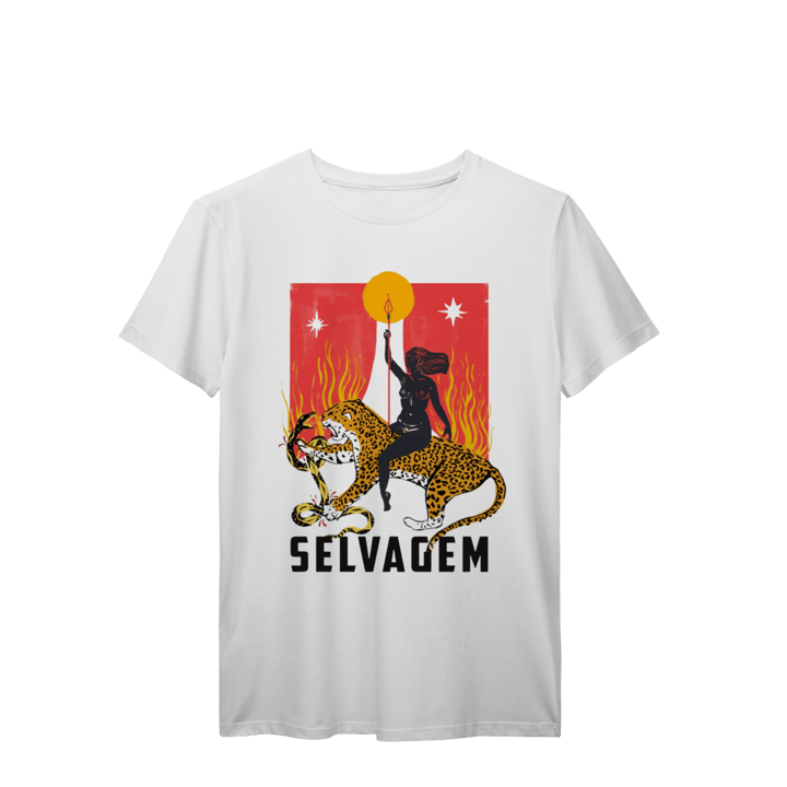 Camiseta Branca Selvagem - Estampa Mulher e Onça-Pintada