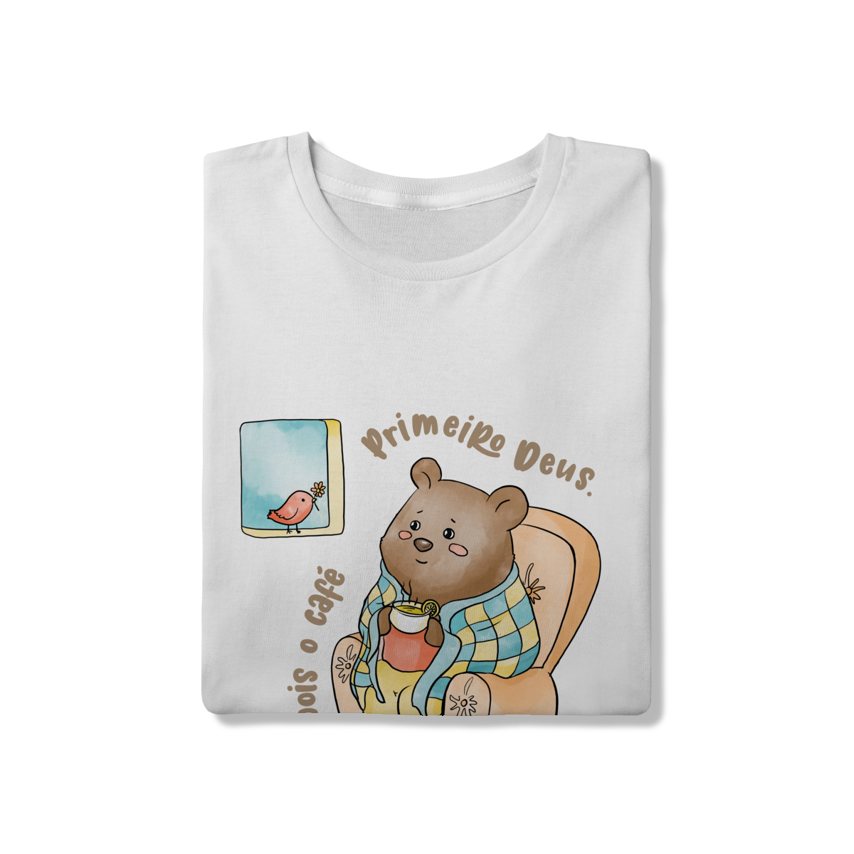 T-Shirt Ursinho Fofo Tomando Café e Olhando Passarinho na Janela - CLAVI