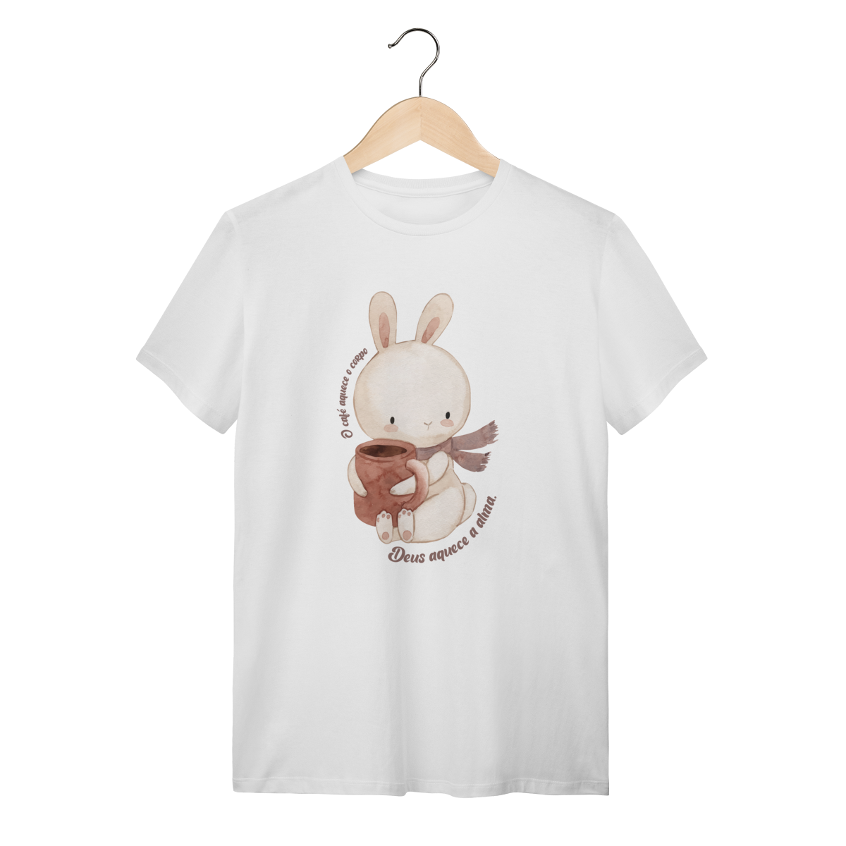 T-Shirt Coelhinha Fofa Segurando uma Xícara de Café que Aquece a Alma - CLAVI
