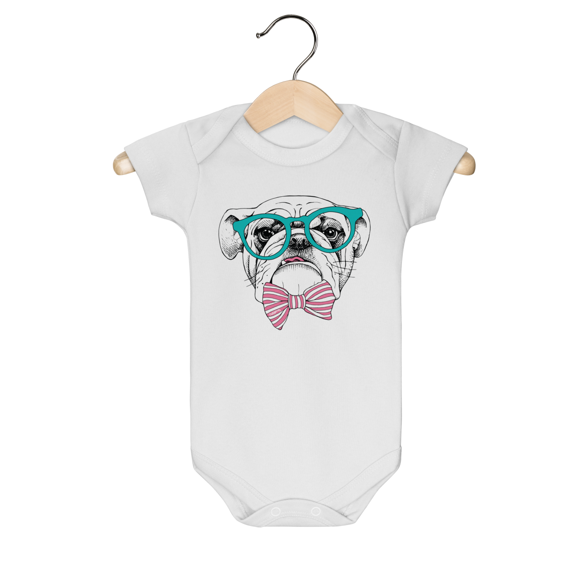 Body Bebê Bulldog Inglês de Óculos e Gravatinha