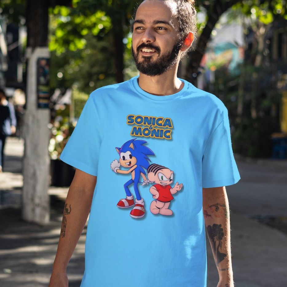 Nome do produto: Camiseta Sonic e Monic Meme - T-Shirt Viral Geek - Cores Vibrantes (P ao XGG) | TrapoGeek