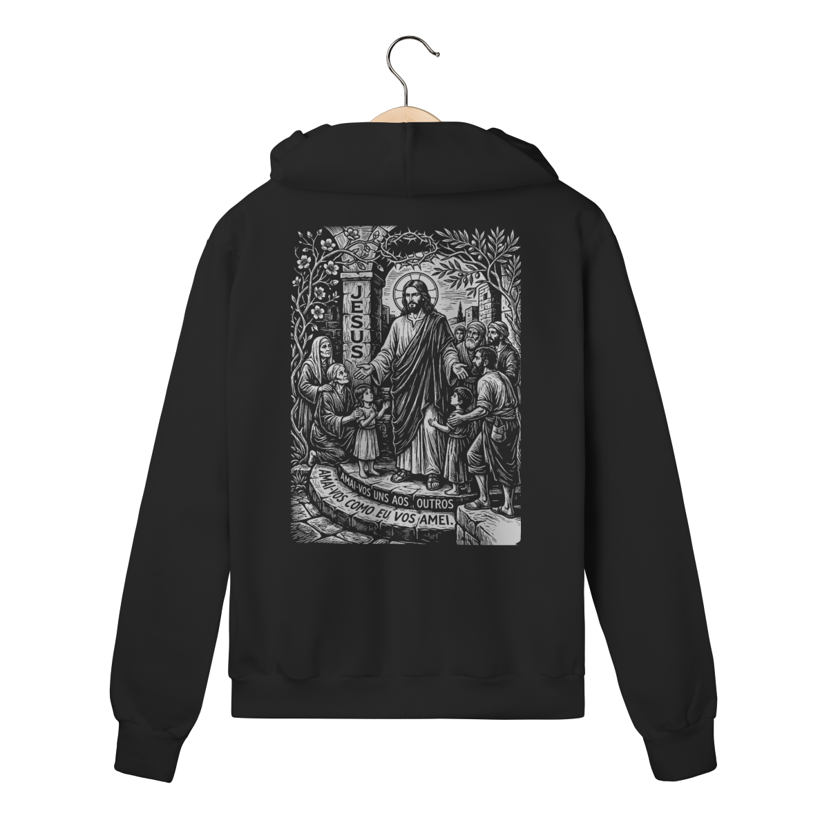Moletom com Zíper Estilo Linocut Jesus Frase Amai-vos