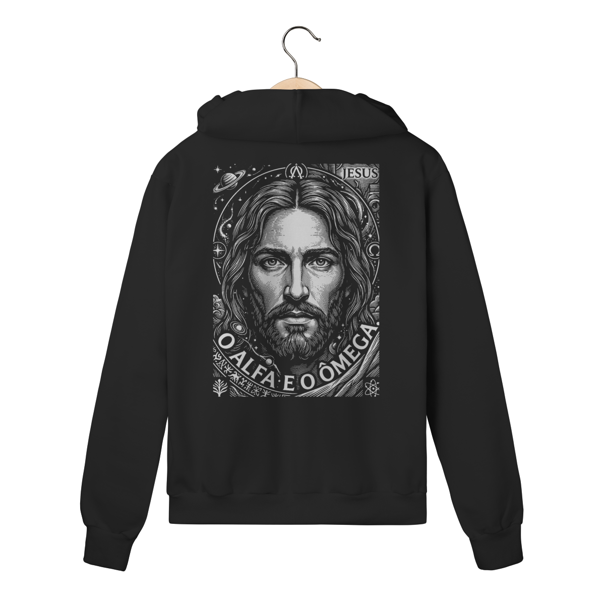 Moletom com Zíper Estampa Jesus Alfa e Ômega Linocut