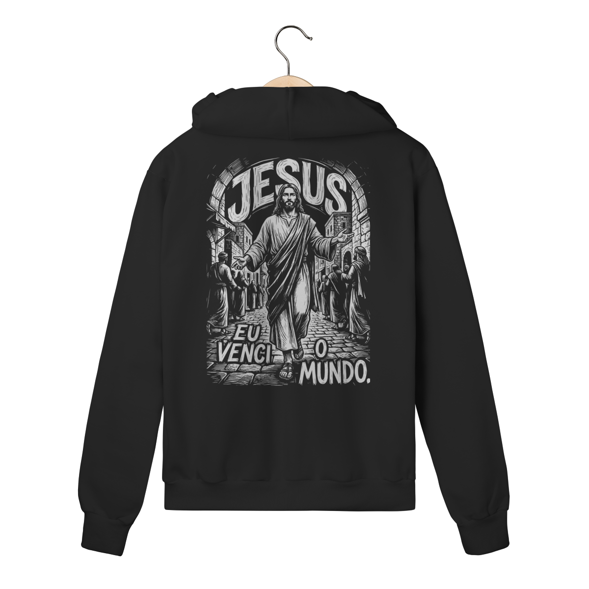 Moletom com Zíper Estampa Eu Venci o Mundo Jesus