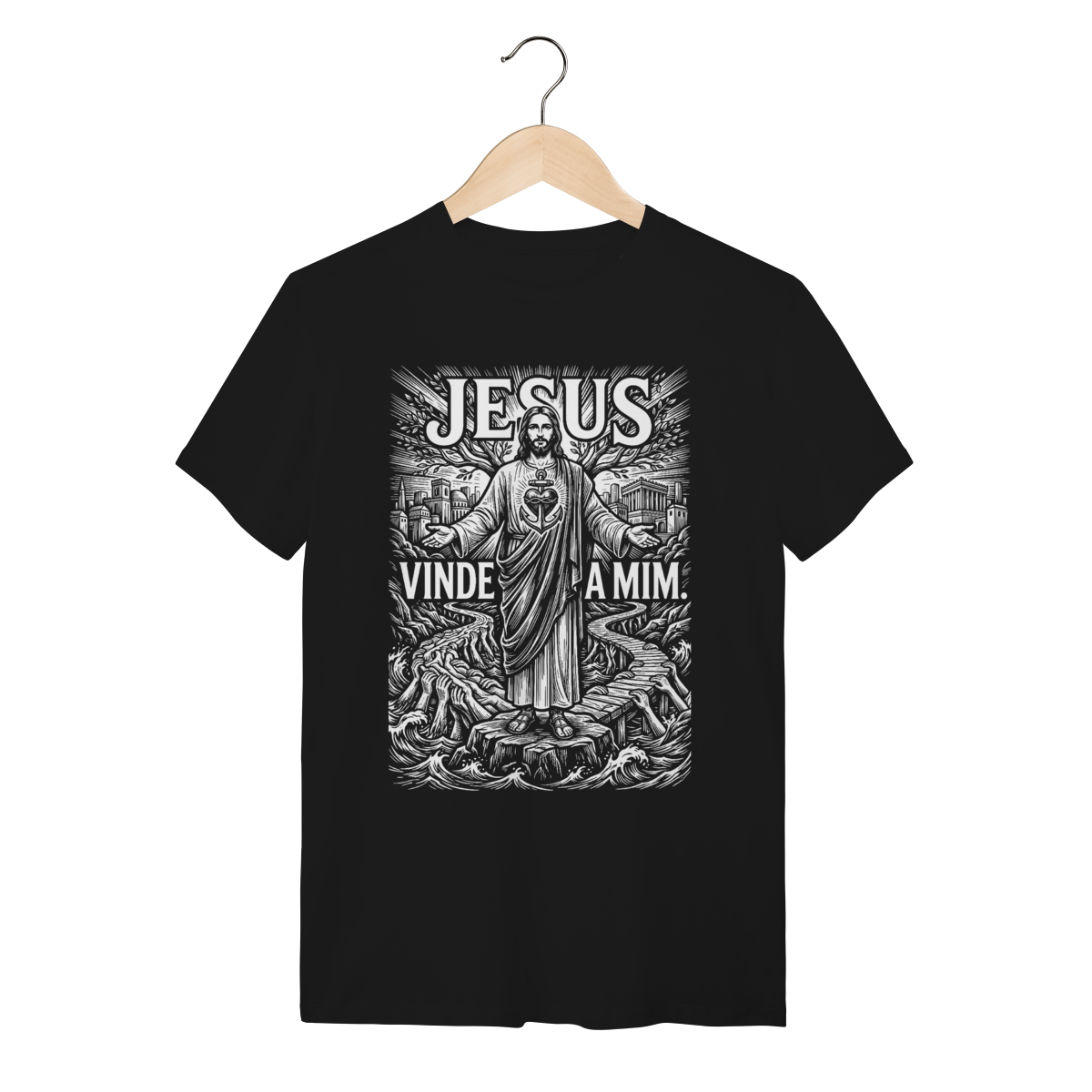 Camiseta Vinde A Mim Jesus Design Simbólico Sacro