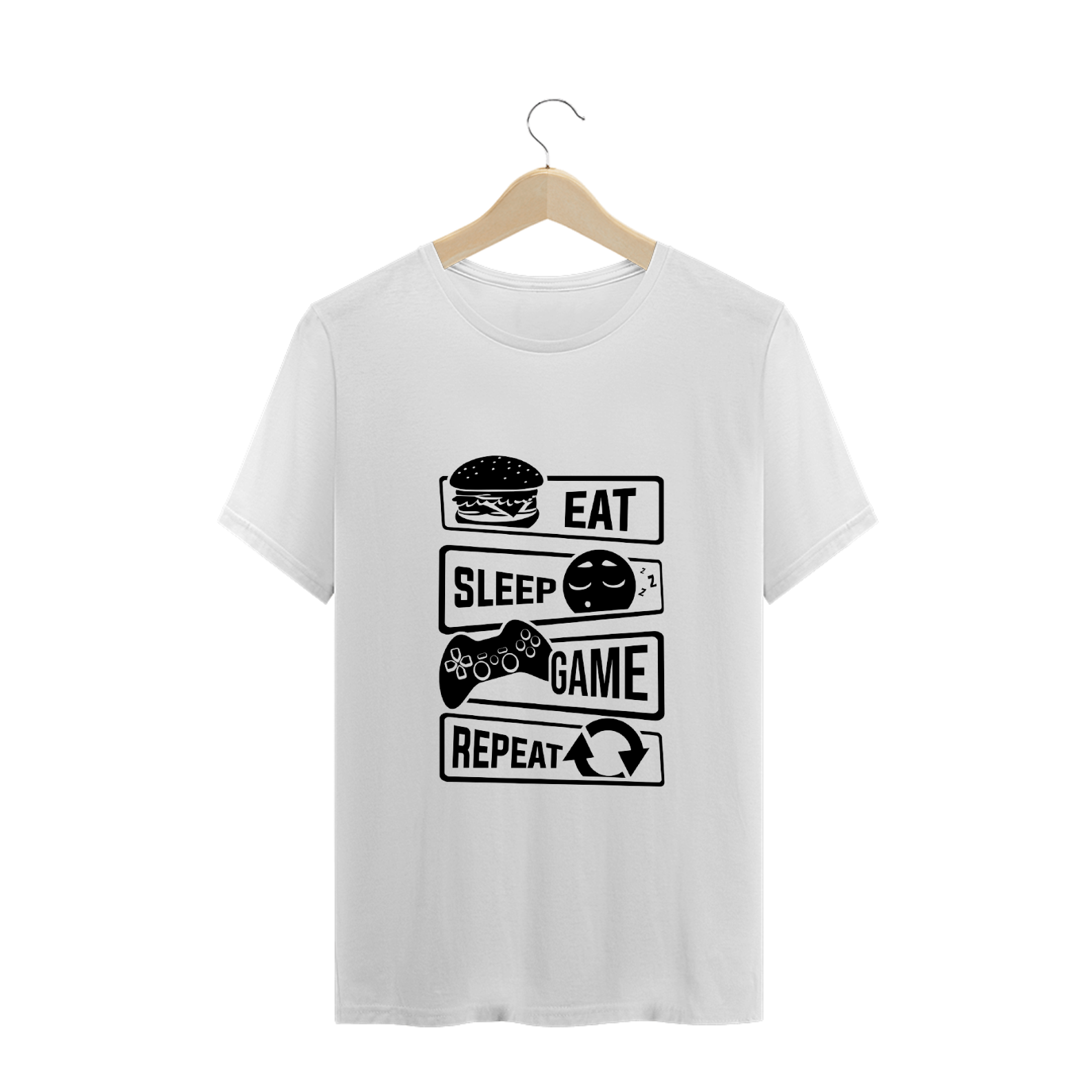 Nome do produto  Pro Pensar - T Shirt - Eat, sleep, game e repeat.