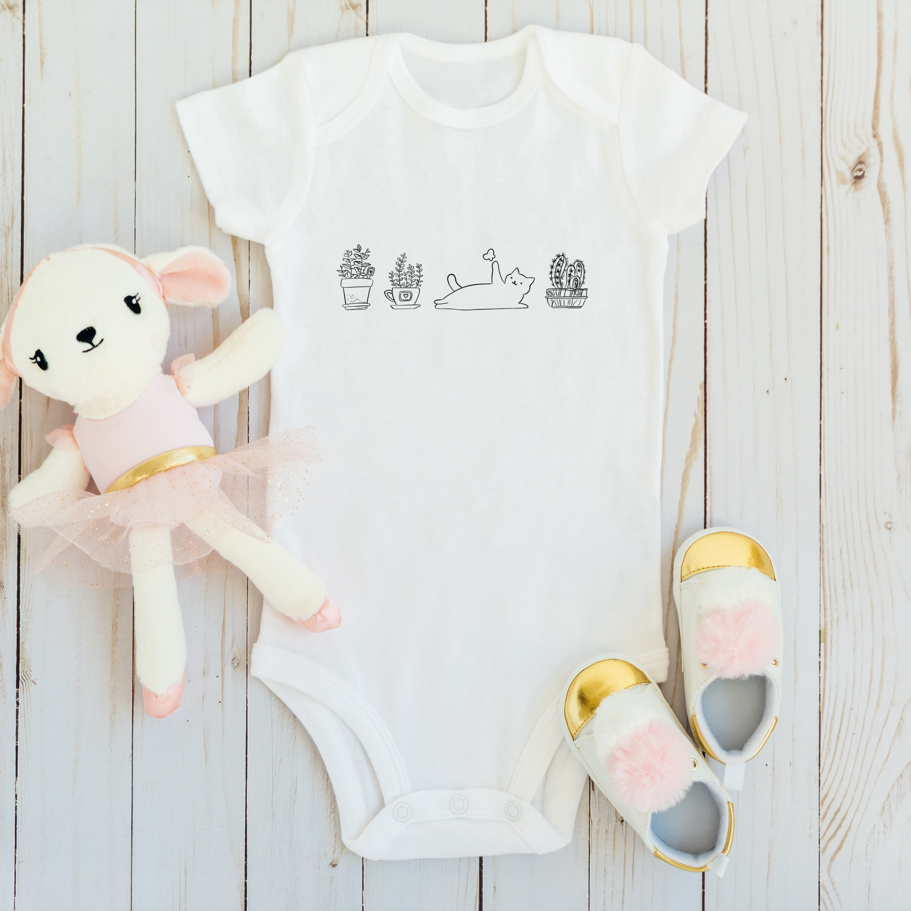 Body Bebê Gatos e Plantas Branco