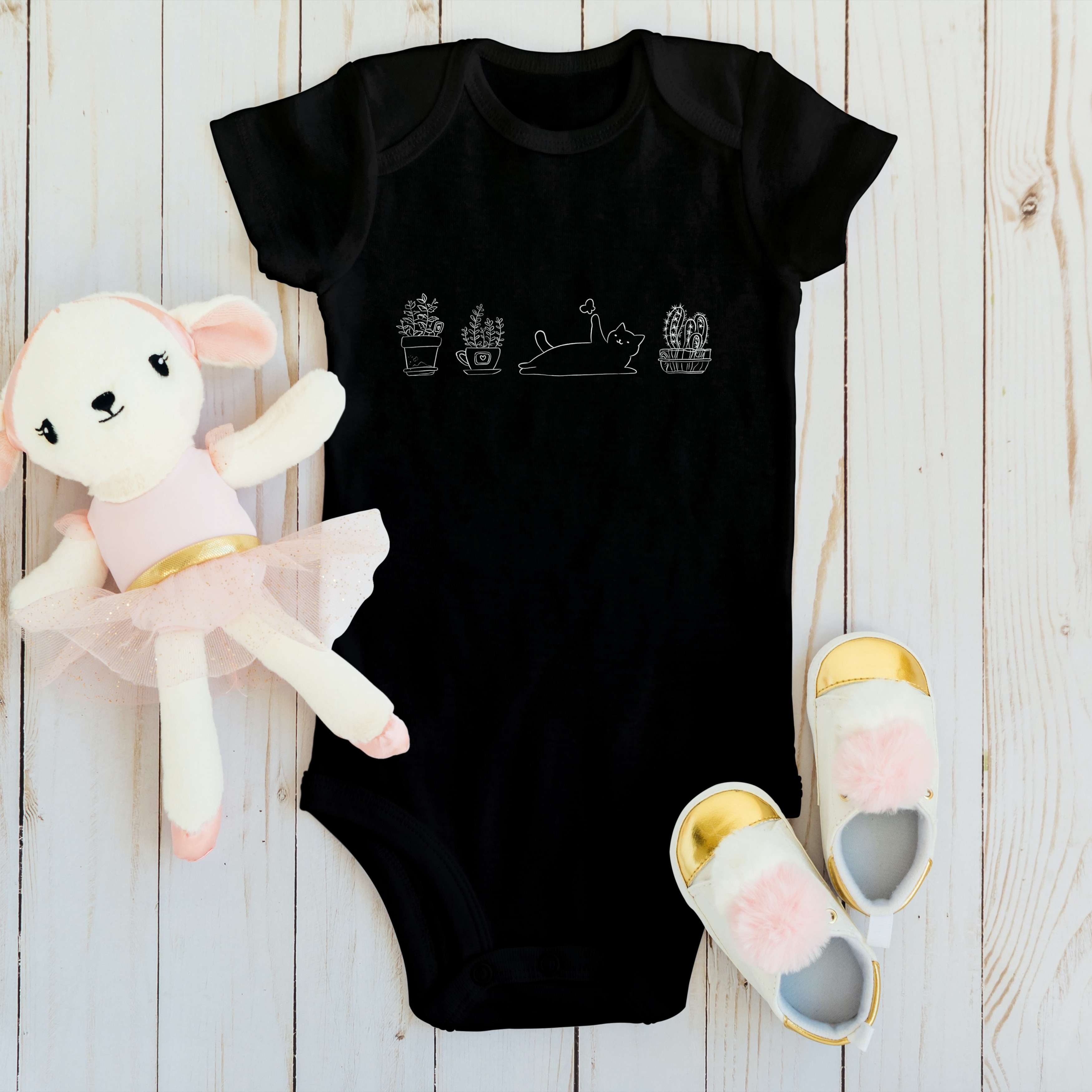 Body Bebê Gatos e Plantas Preto