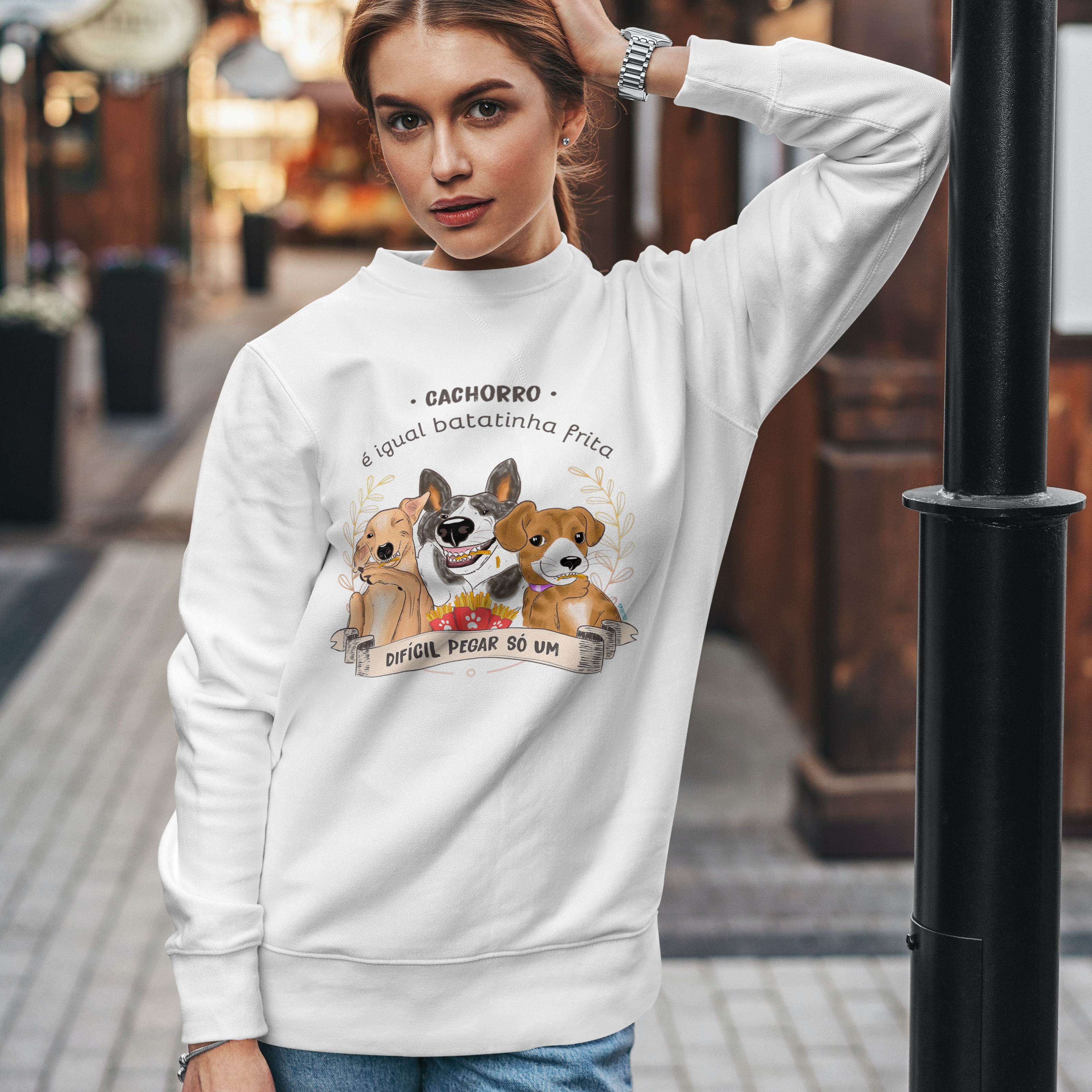 Moletom Fechado Unissex Cachorro é Igual Fritas Branco