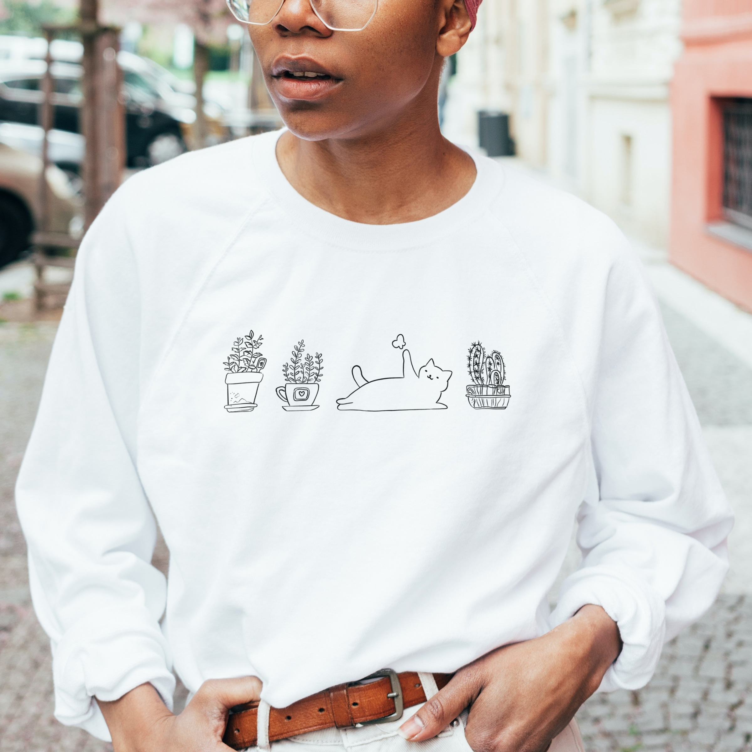 Nome do produto  Moletom Fechado Unissex Gatos e Plantas Branco