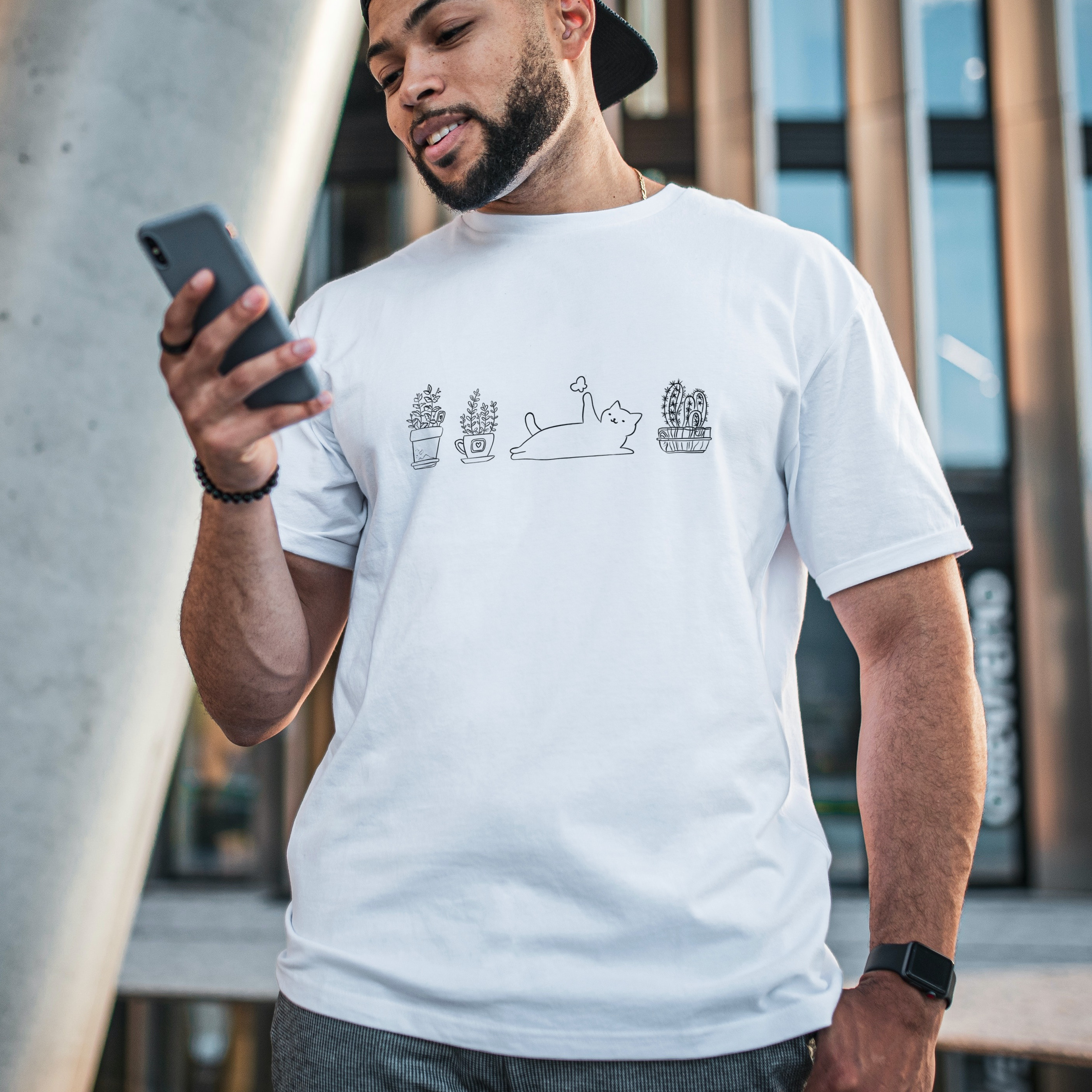 Camiseta Masculina Gatos e Plantas Branca