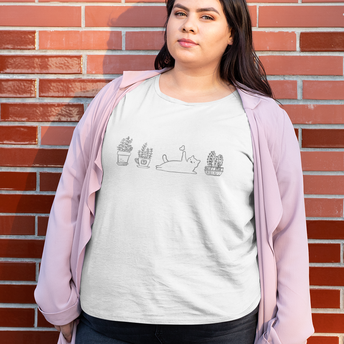 Camiseta Plus Size Gatos e Plantas Branca