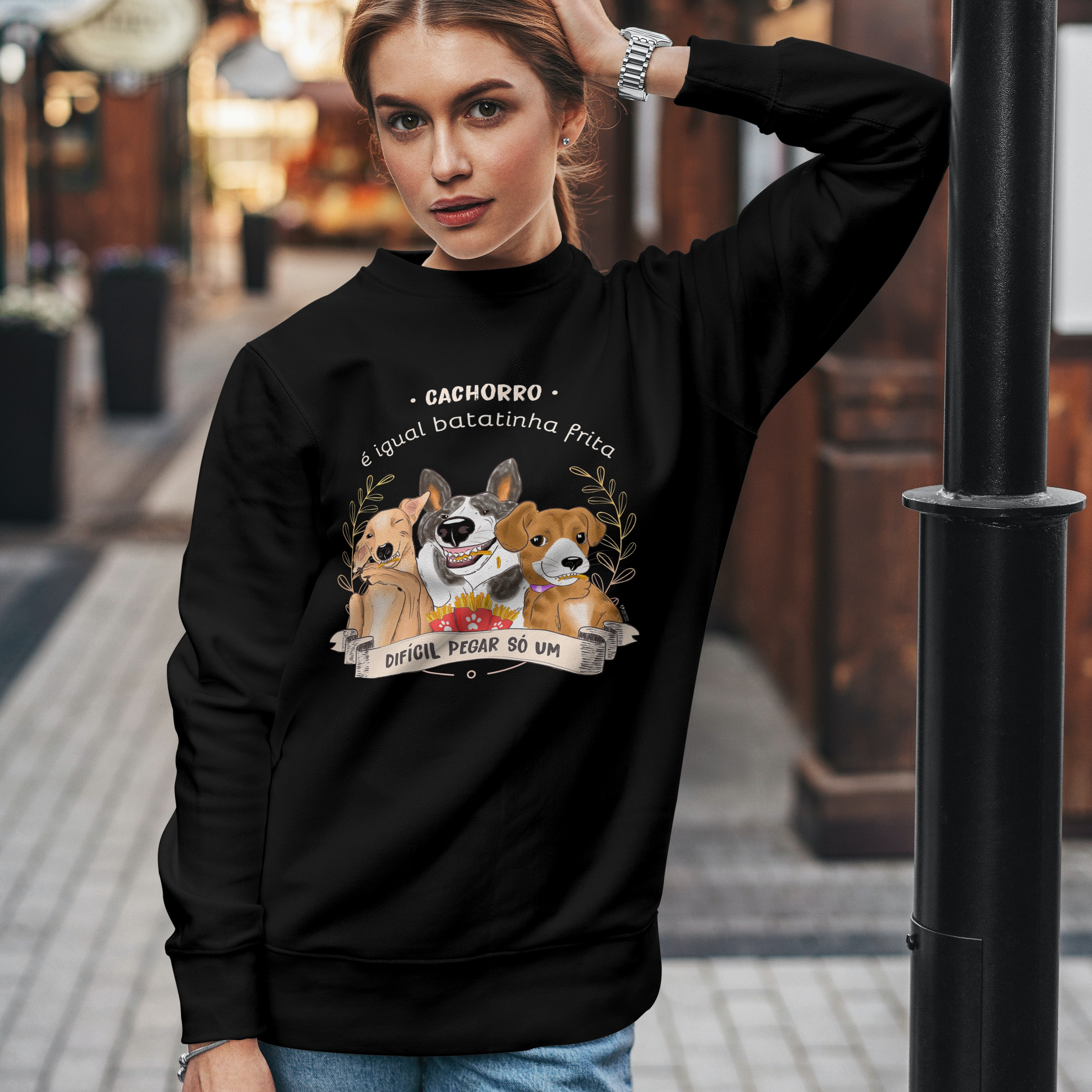 Nome do produto  Moletom Fechado Unissex Cachorro é Igual Fritas Preto