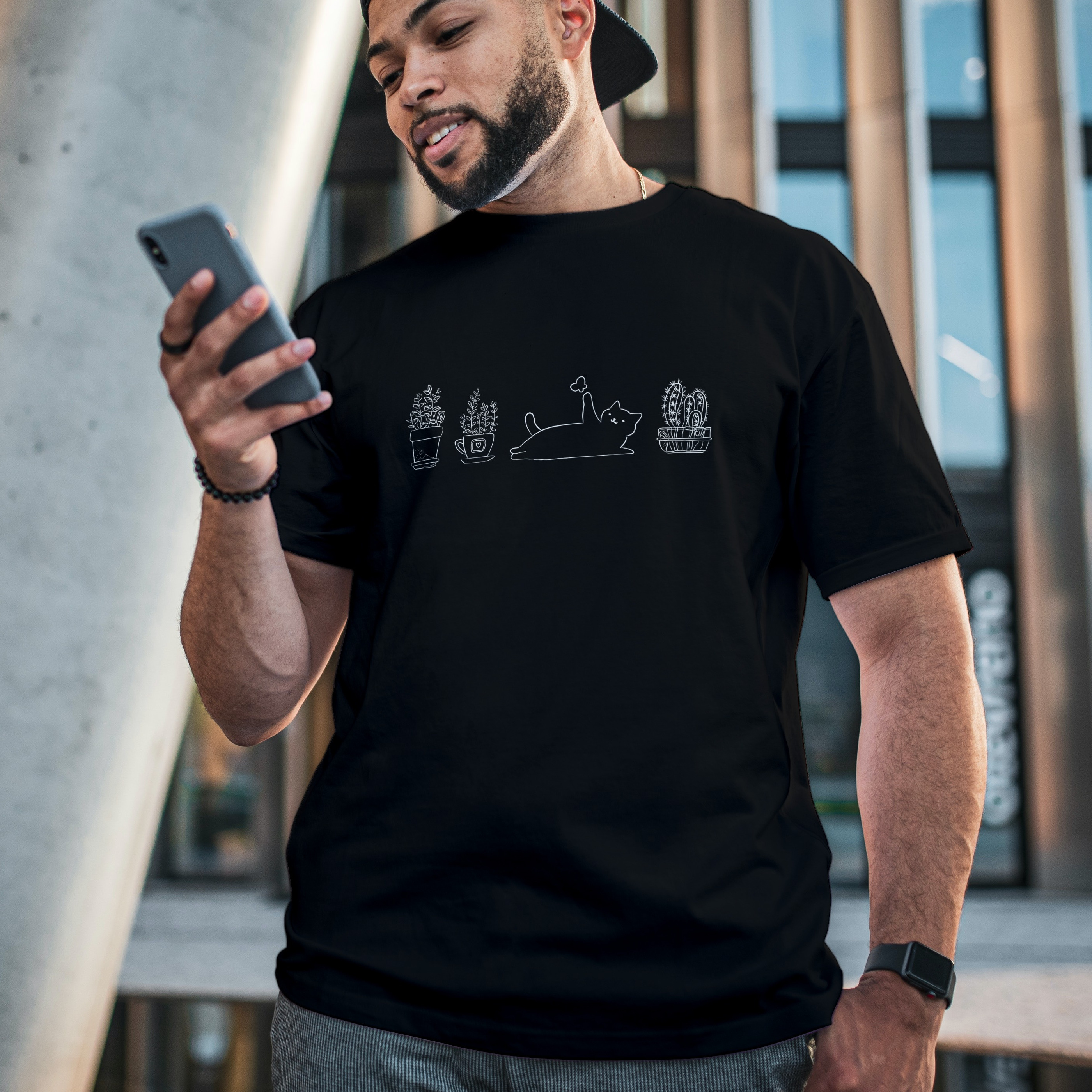 Camiseta Masculina Gatos e Plantas Preta