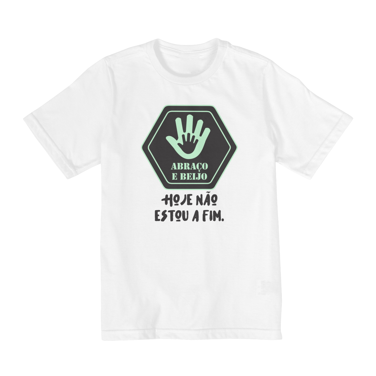 Camiseta branca ABRAÇO E BEIJO (preto e verde água)