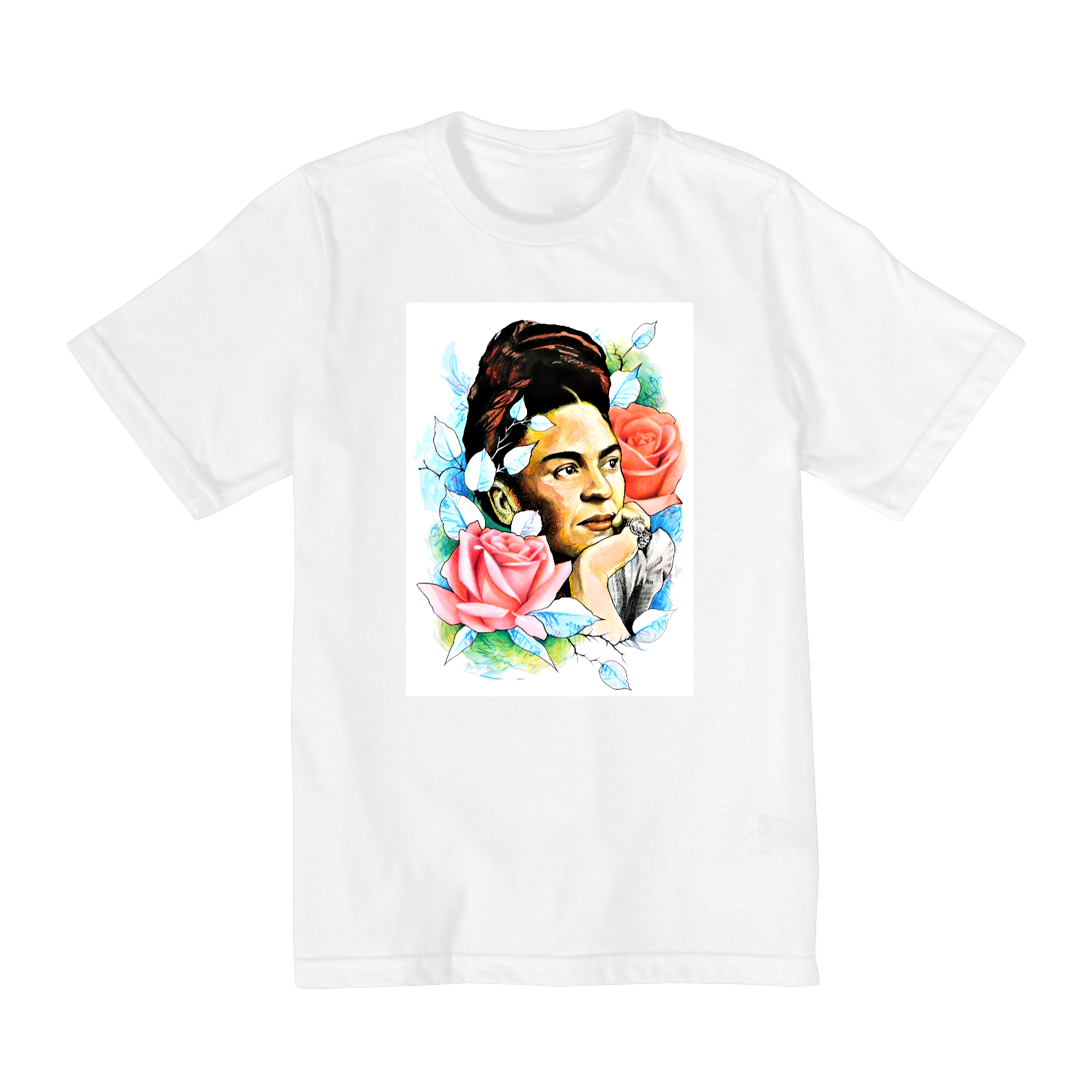 Camiseta Infantil 2 a 8 Anos Frida com Rosas por Dario Correia