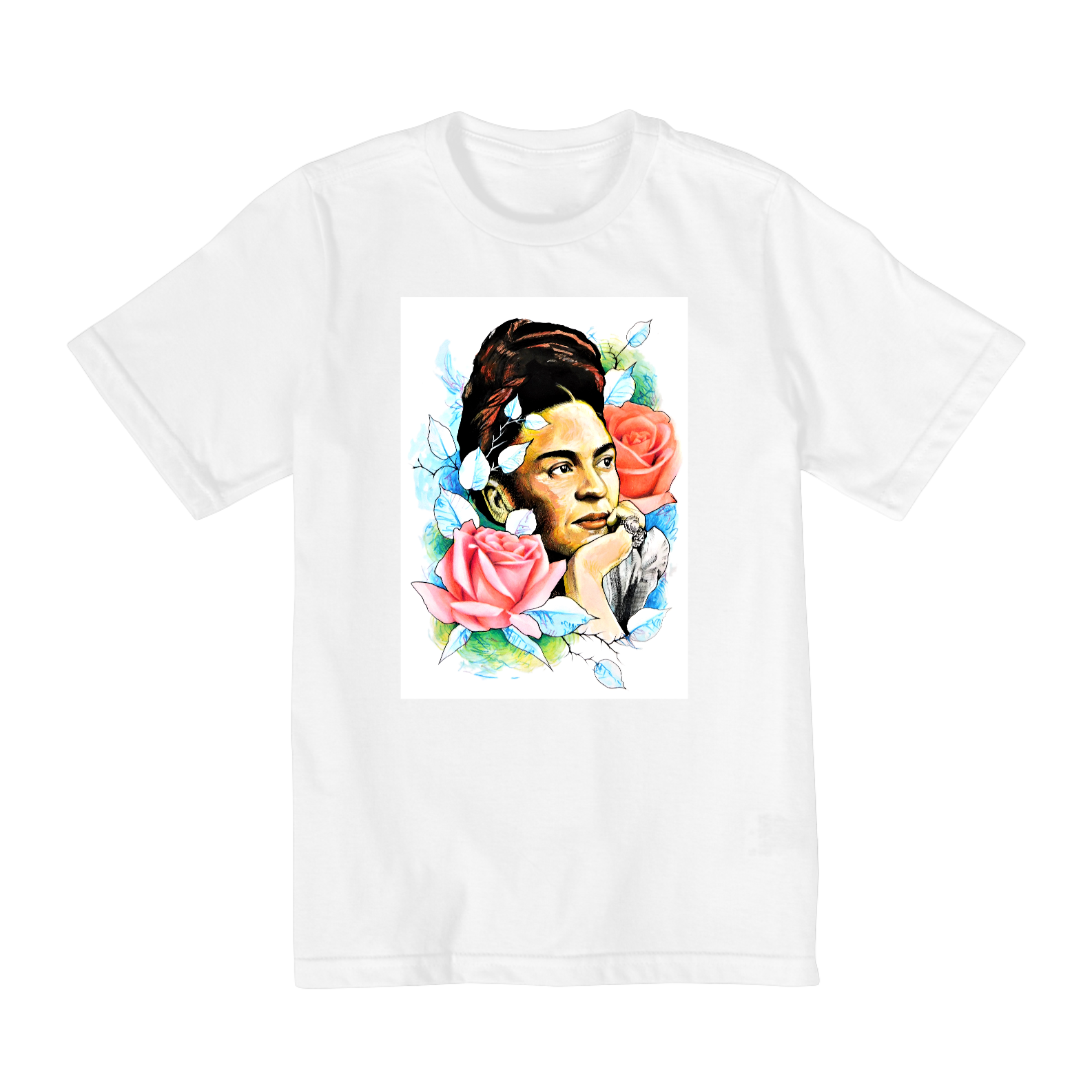 Camiseta Infantil 10 a 14 Anos Frida com Rosas por Dario Correia