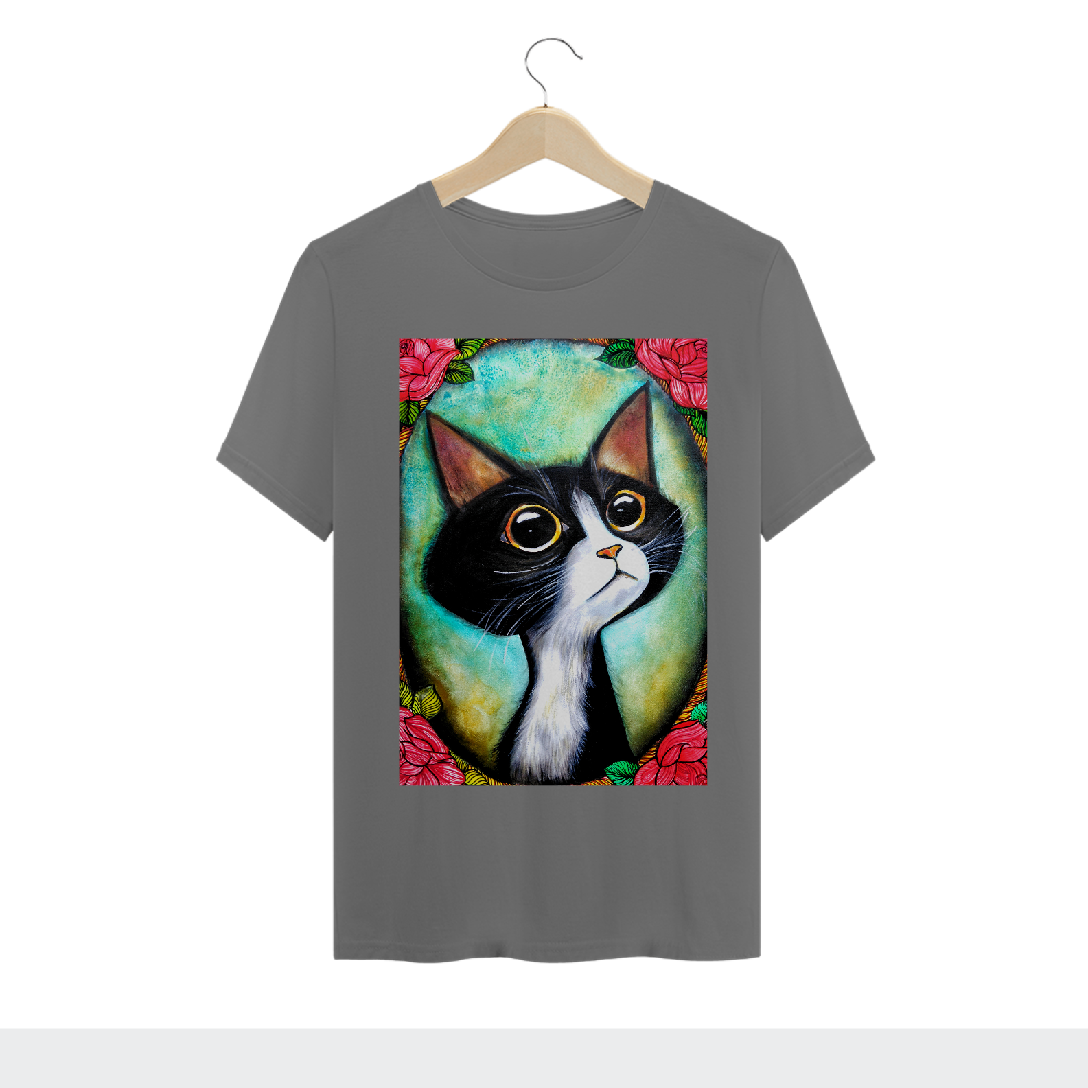 Camiseta Estonada Gato com Rosas por Iliana Steiner