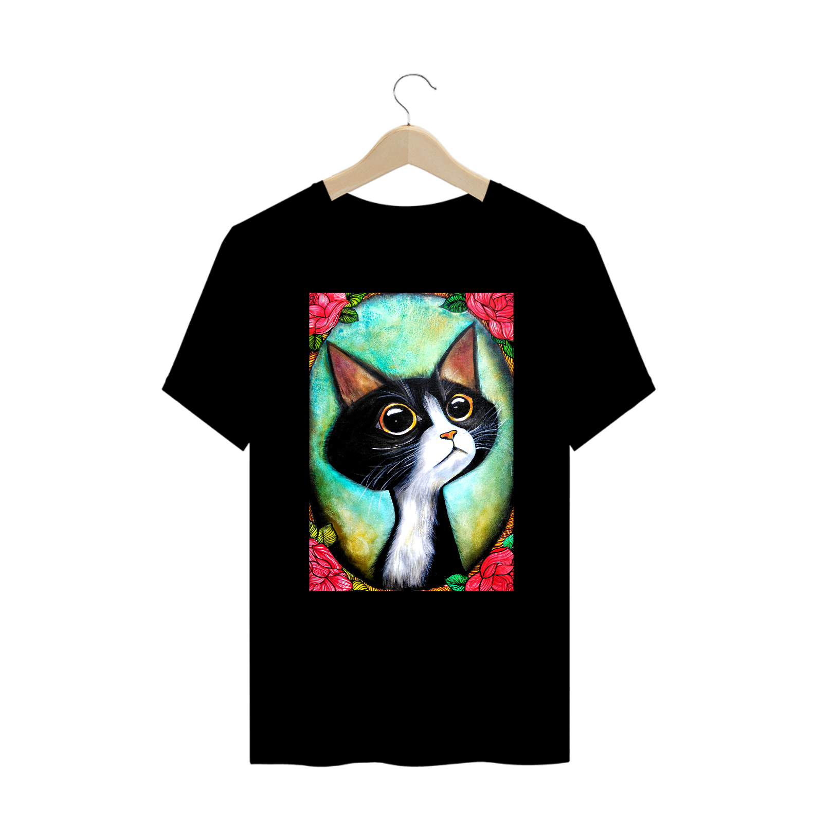 Camiseta PLUS SIZE Gato com Rosas por Iliana Steiner