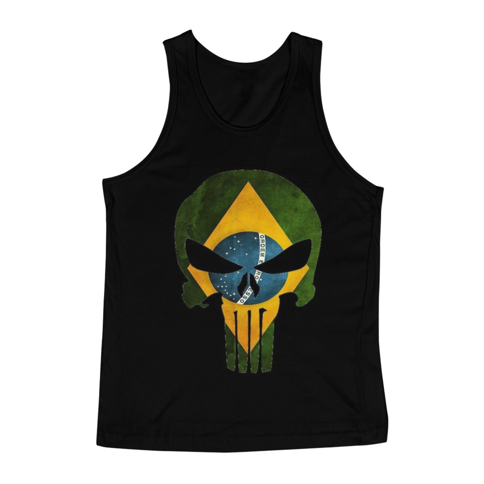 Camisa regata estampa de caveira com fundo bandeira do Brasil