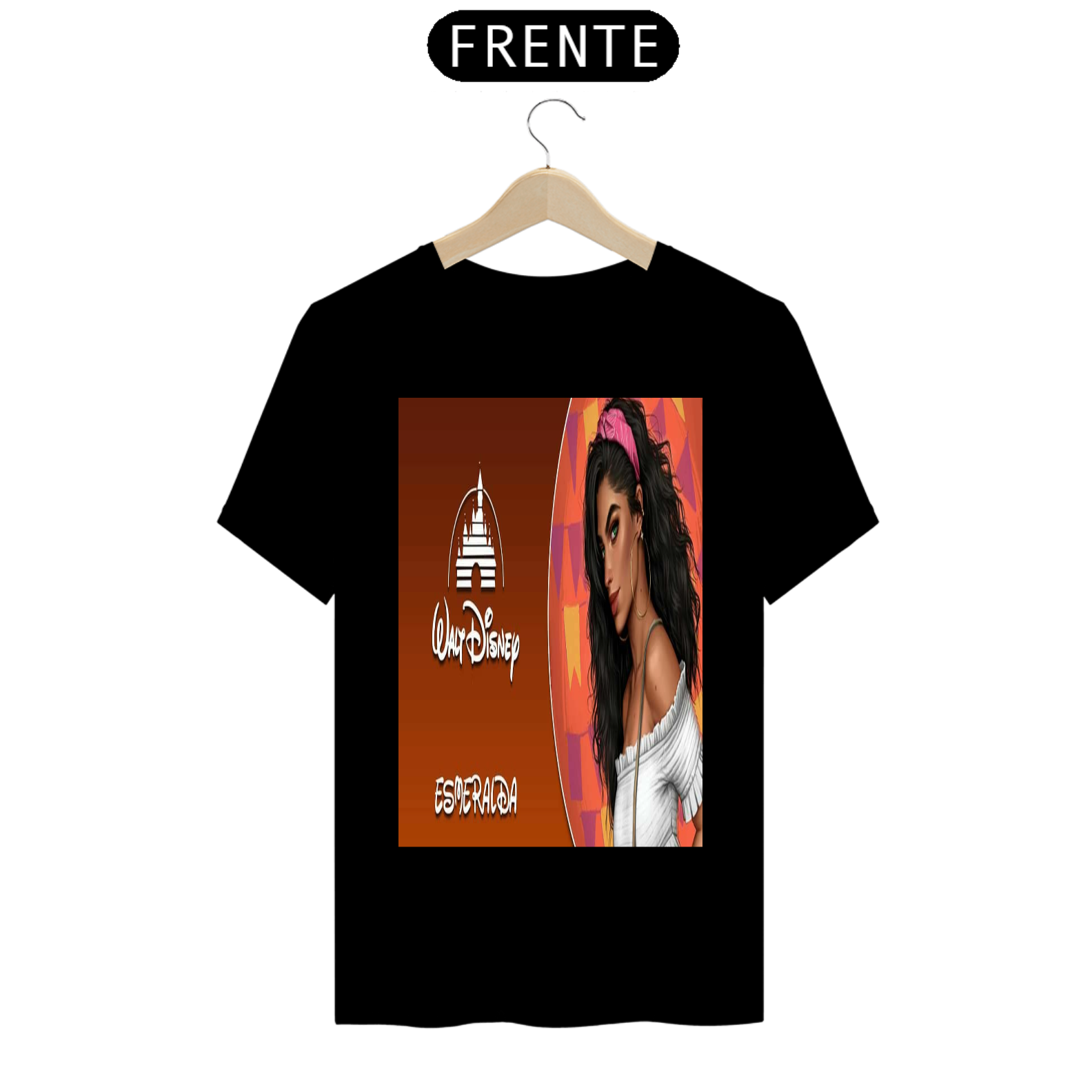 Nome do produto: Camiseta preta com uma estampa da disney da princesa Esmeralda e costar com o titulo Princesa