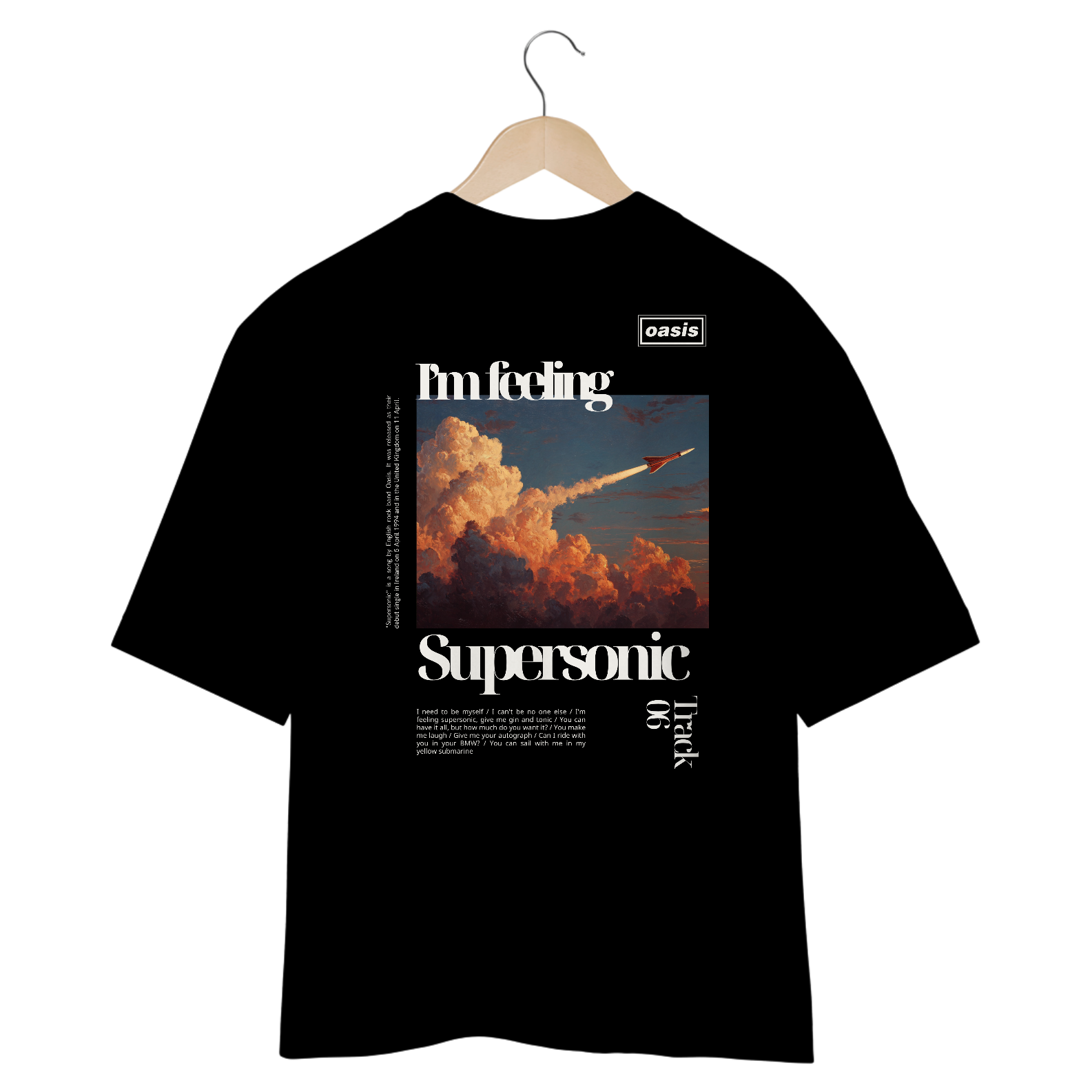 Camiseta Oversized Oasis Supersonic (Preta, Estampa nas Costas)