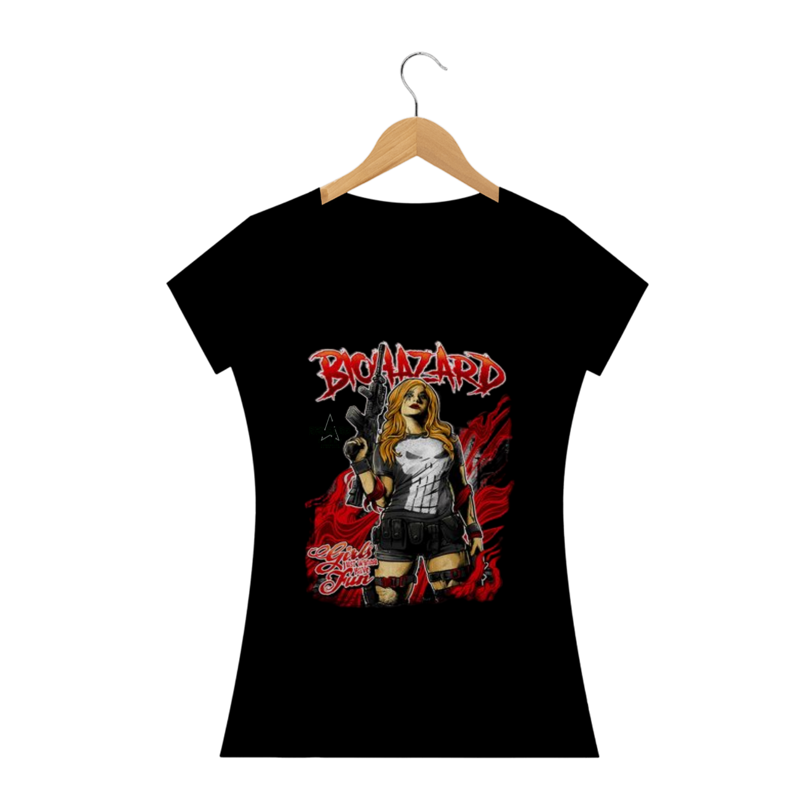 CAMISA FEMININA A JUSTICEIRA BIOHAZARD E DELGADO STORE 