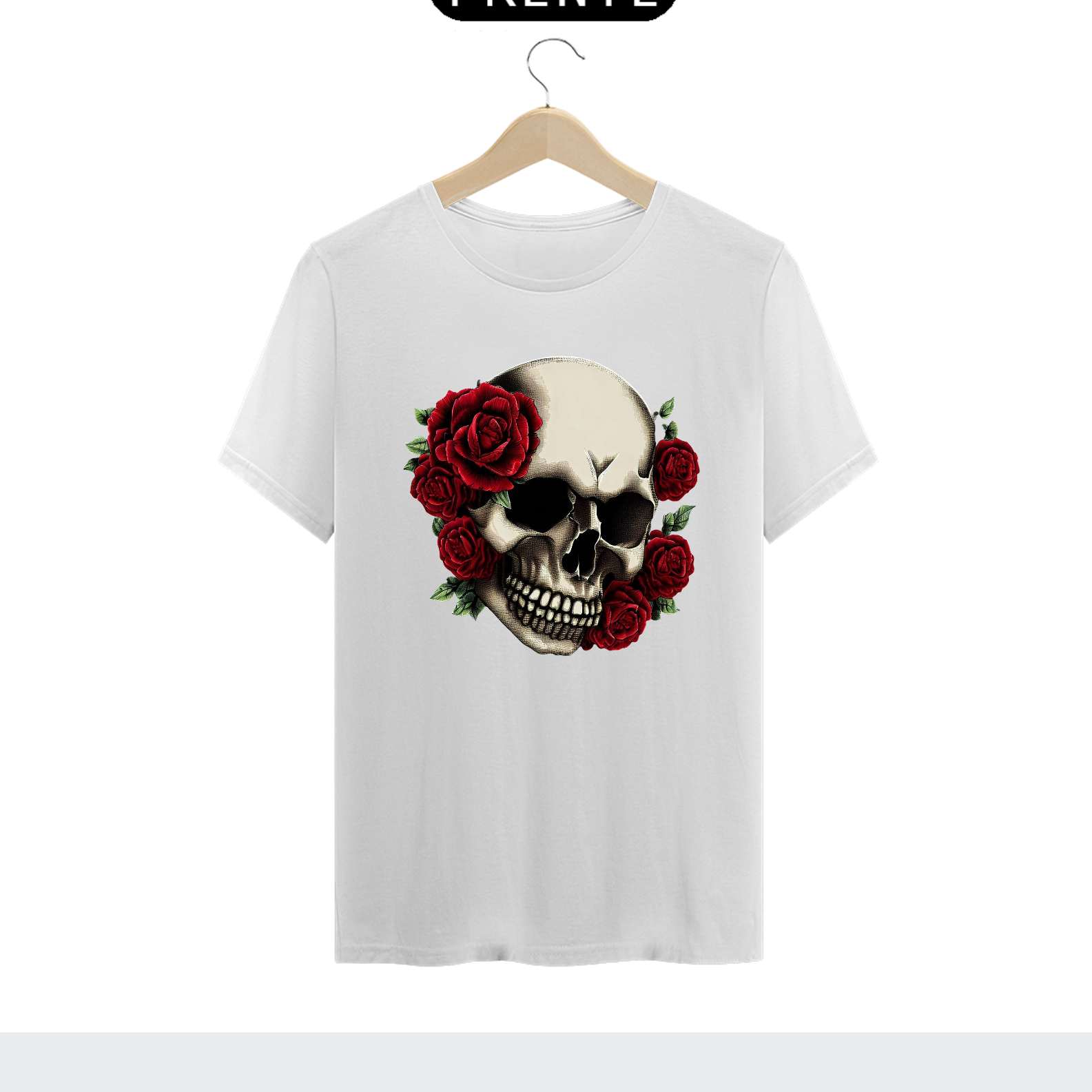 CAMISETA COLORIDA COM CAVEIRA E ROSAS VERMELHAS