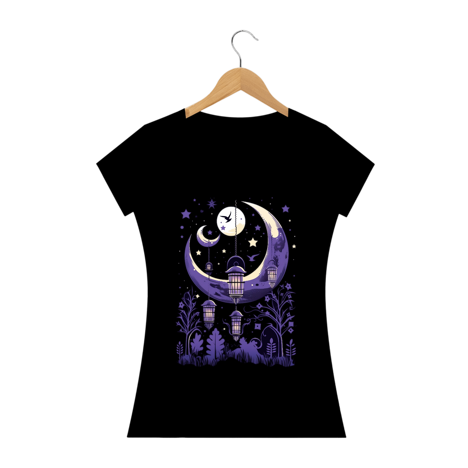 Camiseta Feminina Noite Encantadora: Lua Crescente e Estrelas Brilhantes