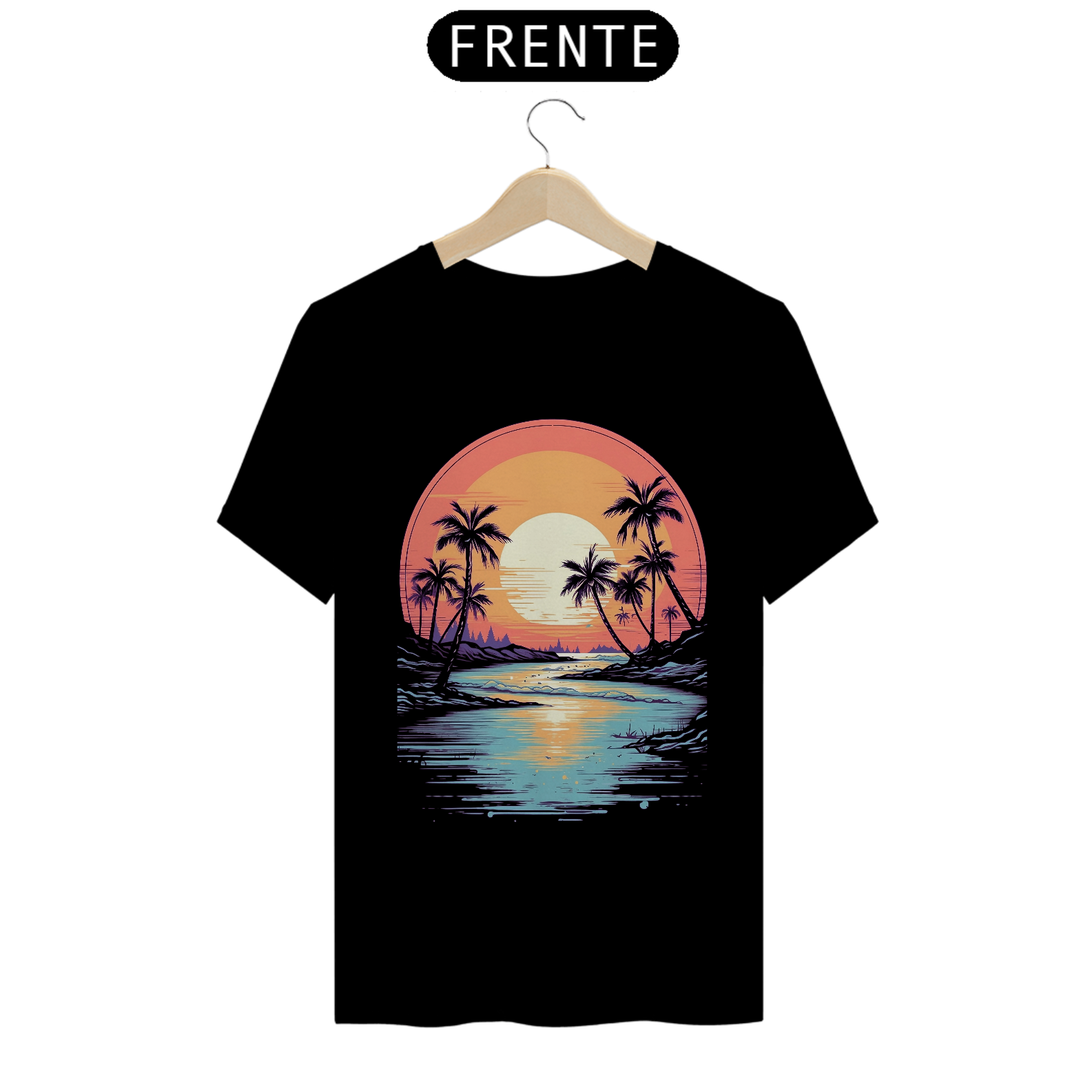 Camiseta Masculina Pôr do Sol na Praia: Ondas Suaves e Atmosfera Tranquila