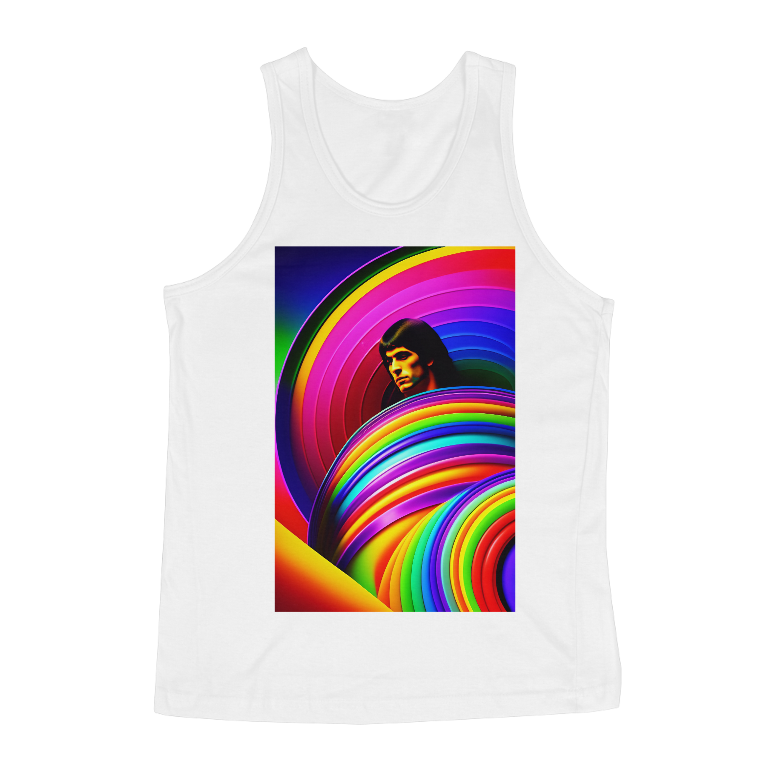 Capa de álbum de rock and roll dos anos 1970 com uma fonte psicodélica e cores do arco-íris