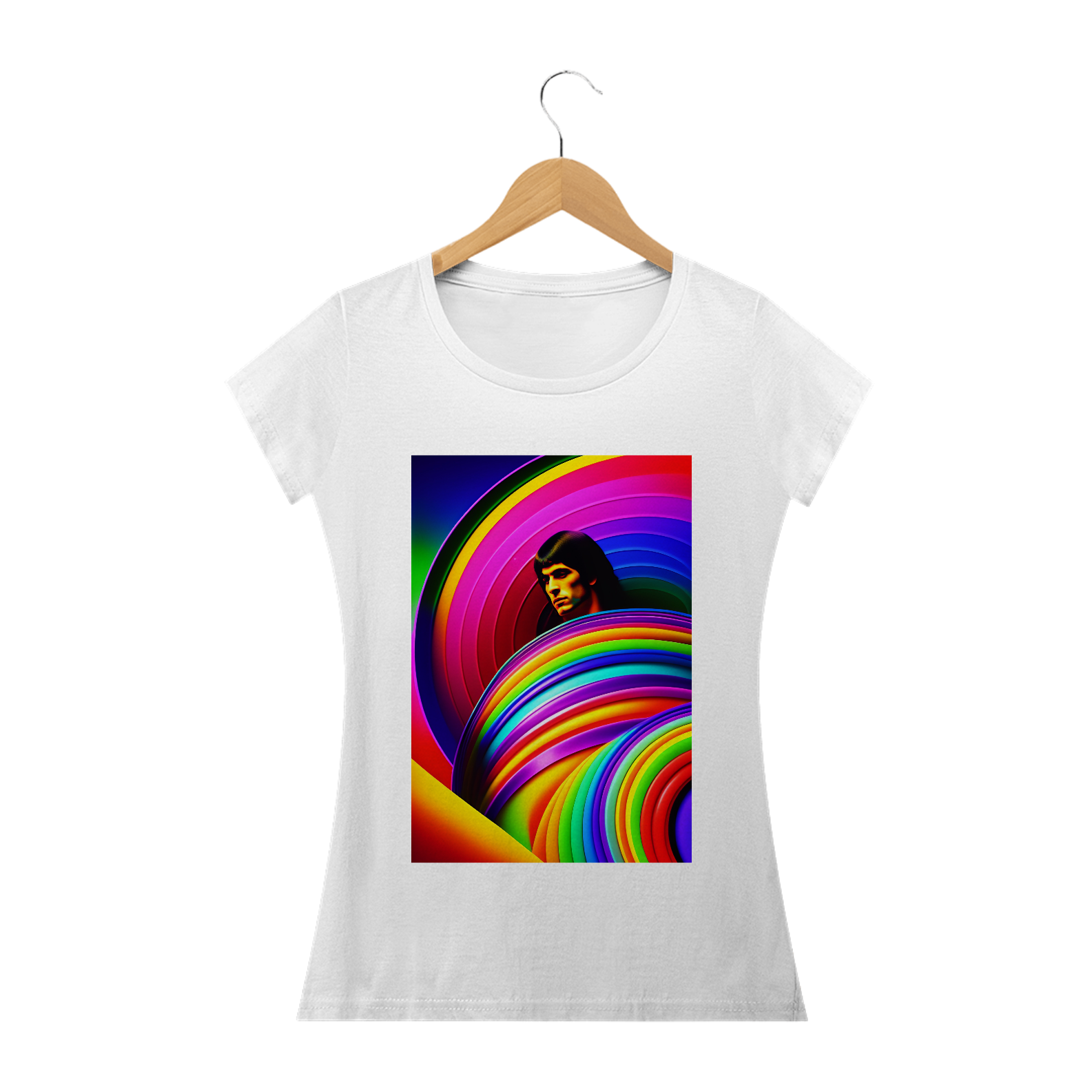 Capa de álbum de rock and roll dos anos 1970 com uma fonte psicodélica e cores do arco-íris