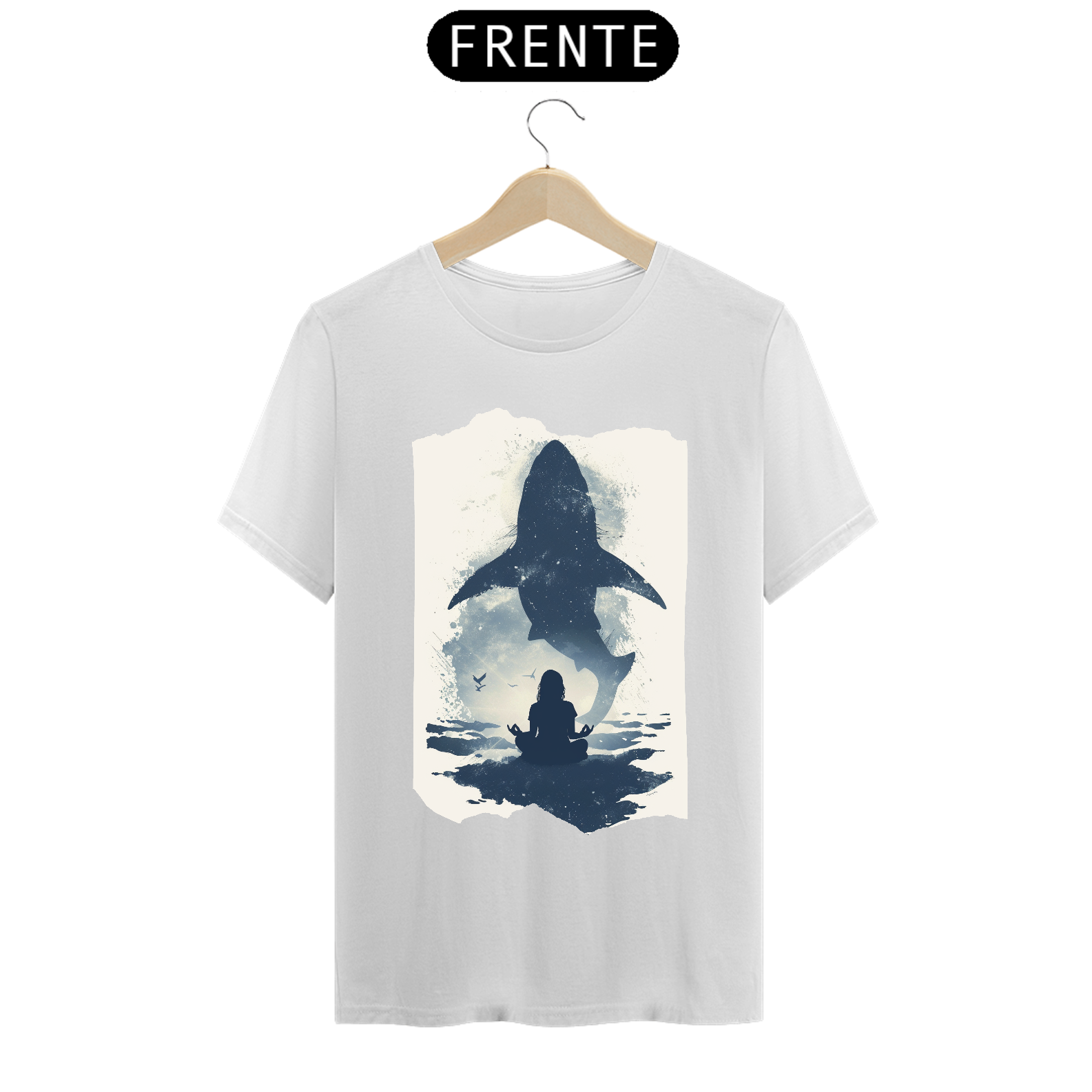 Camiseta B&W Mulher Meditando com Tubarões