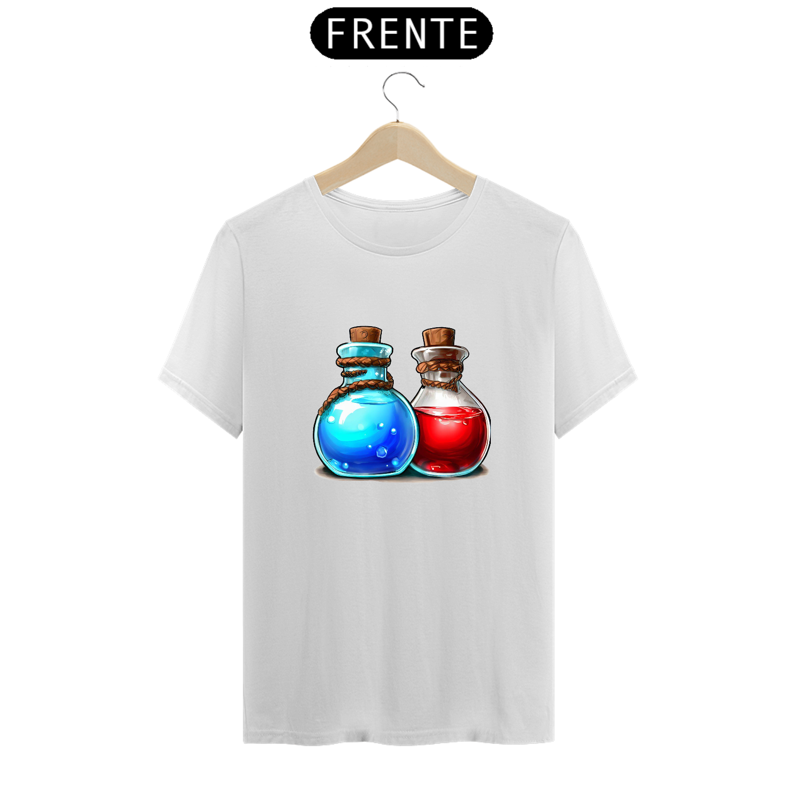 Camiseta Poção de Vida Vermelha e Mana Azul HP MP MMO RPG Brenommorpg