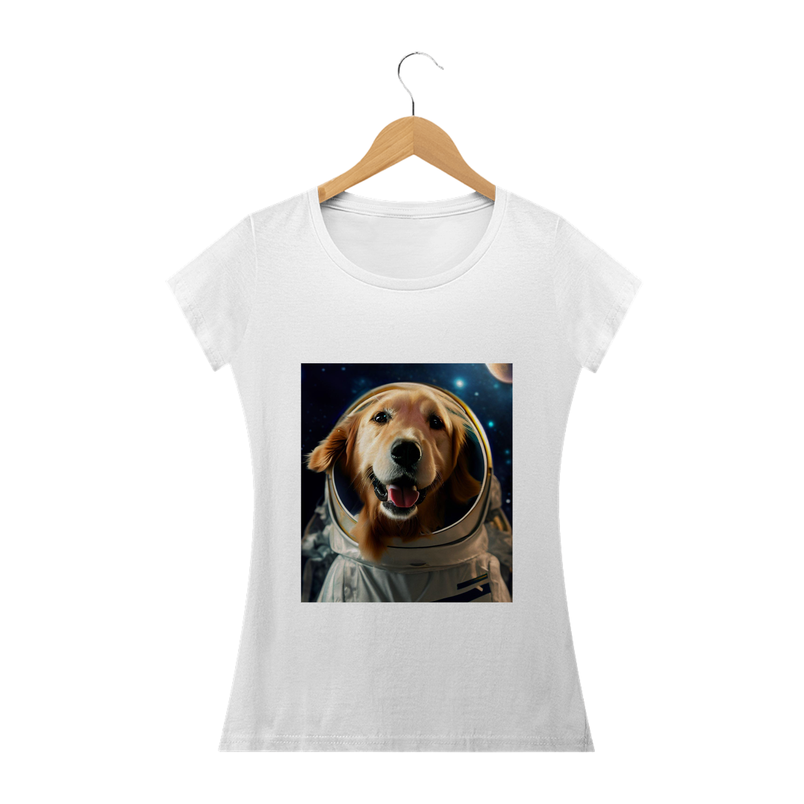 Nome do produto  Camiseta feminina Golden Retriever astronauta