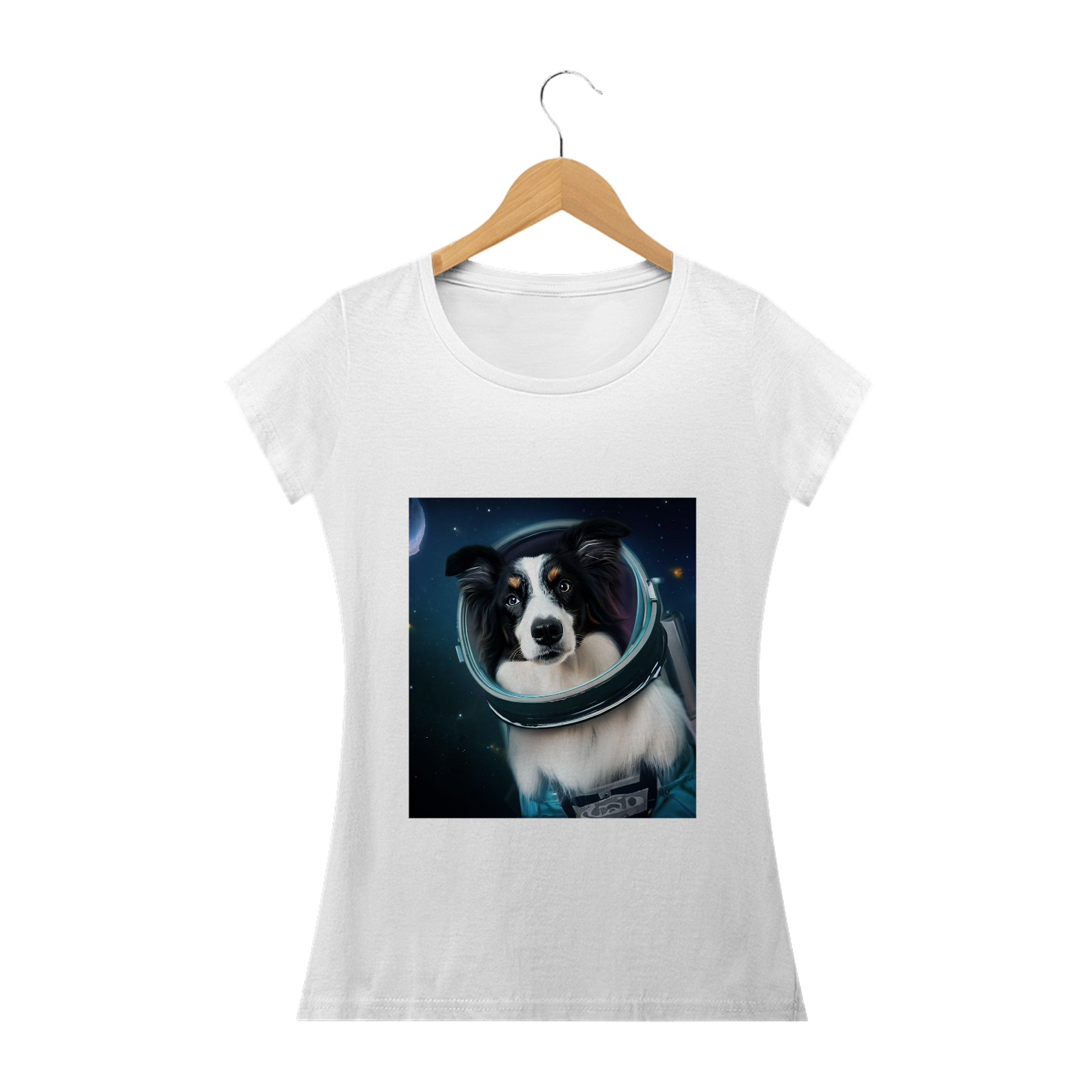 Nome do produto  Camiseta feminina Border Collie astronauta