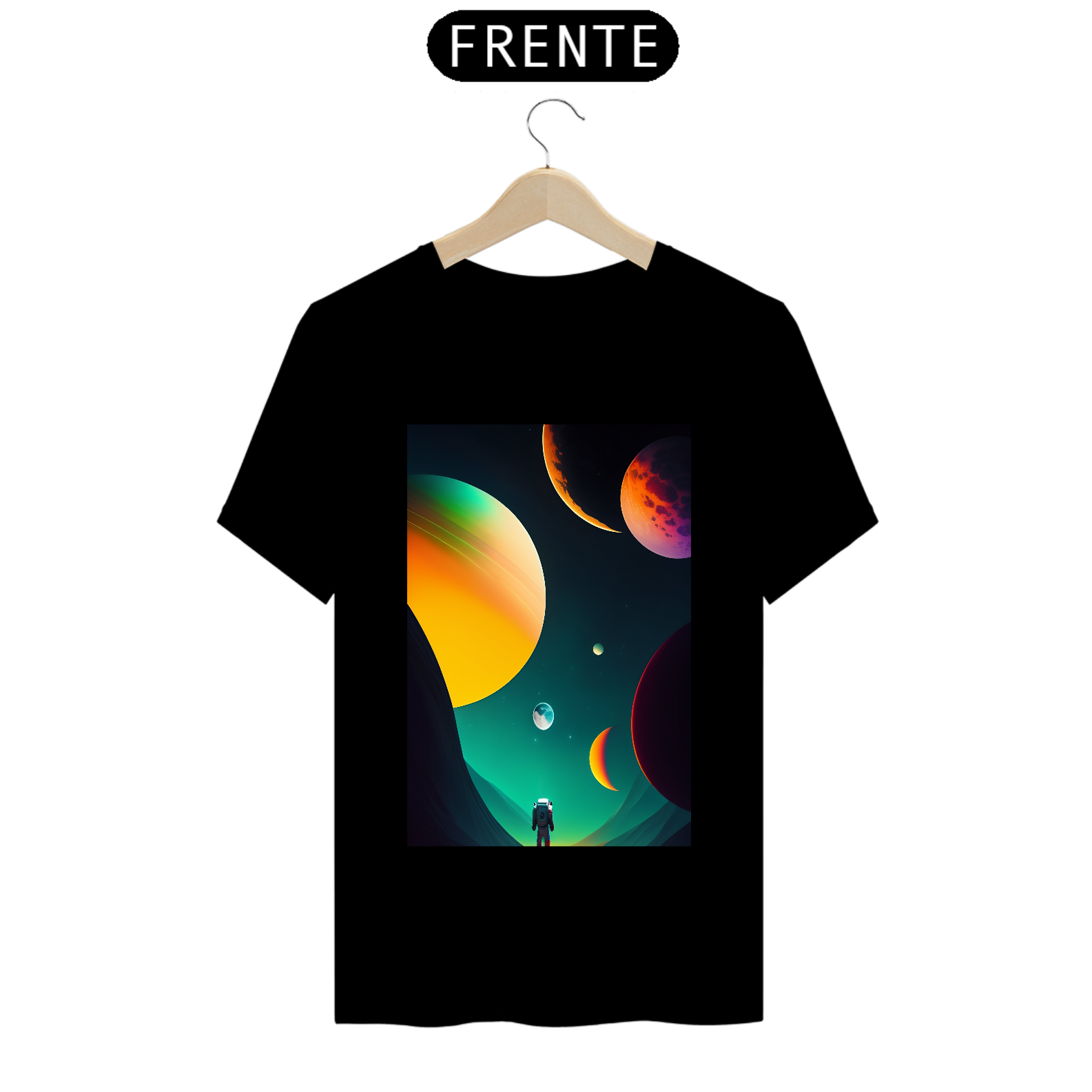 Camiseta Astronauta perdido em Júpiter, cena épica, exibindo ao fundo a lua e outros planetas e estrelas arte de zdzisław beksiński e romeiro britto