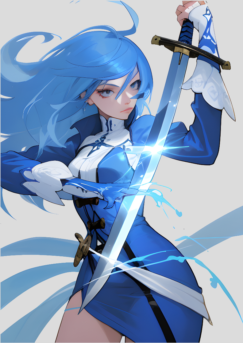 Poster Way Retrato Mulher de Cabelo Azul com uma Espada