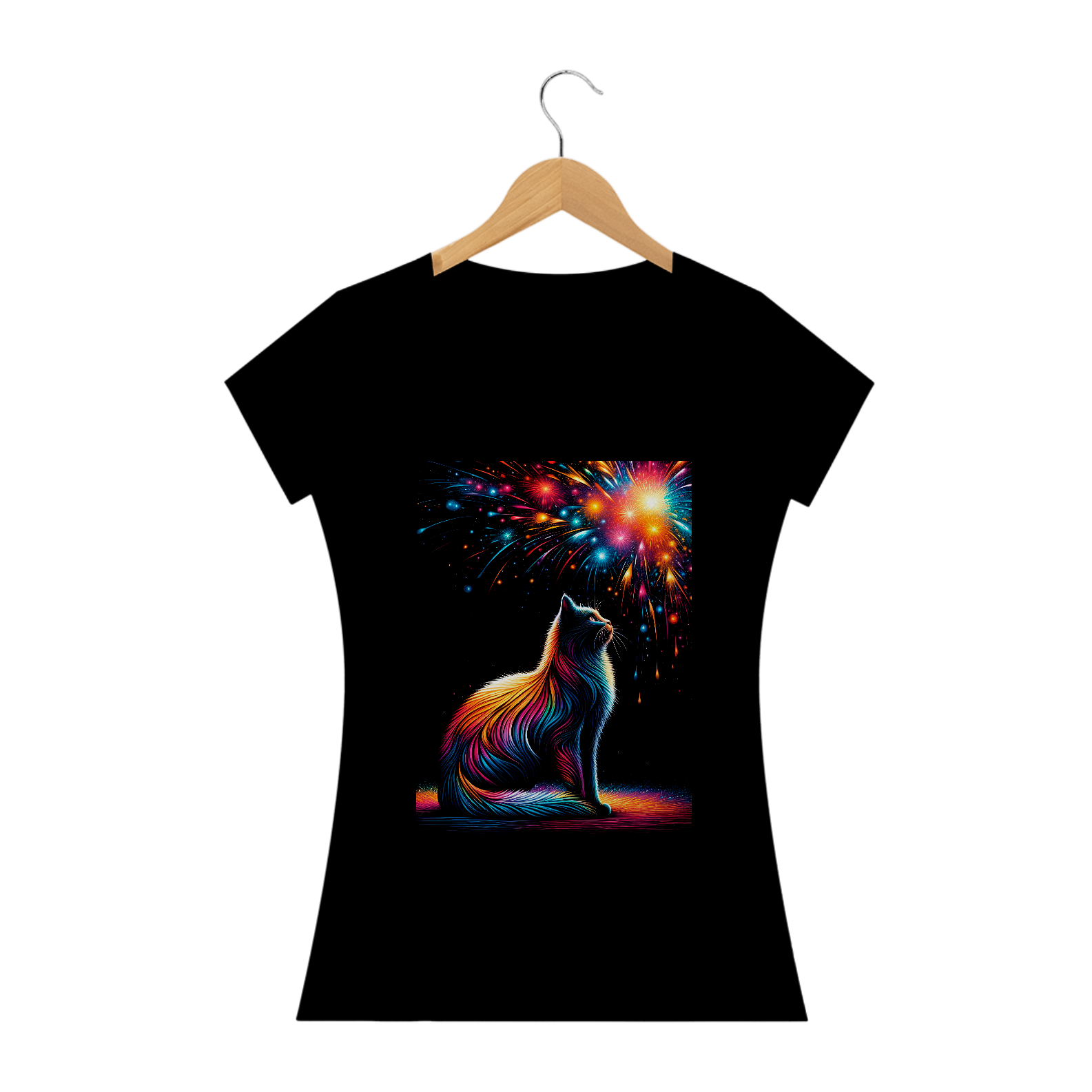 Camiseta - Gato  Assistindo fogos de artificio 