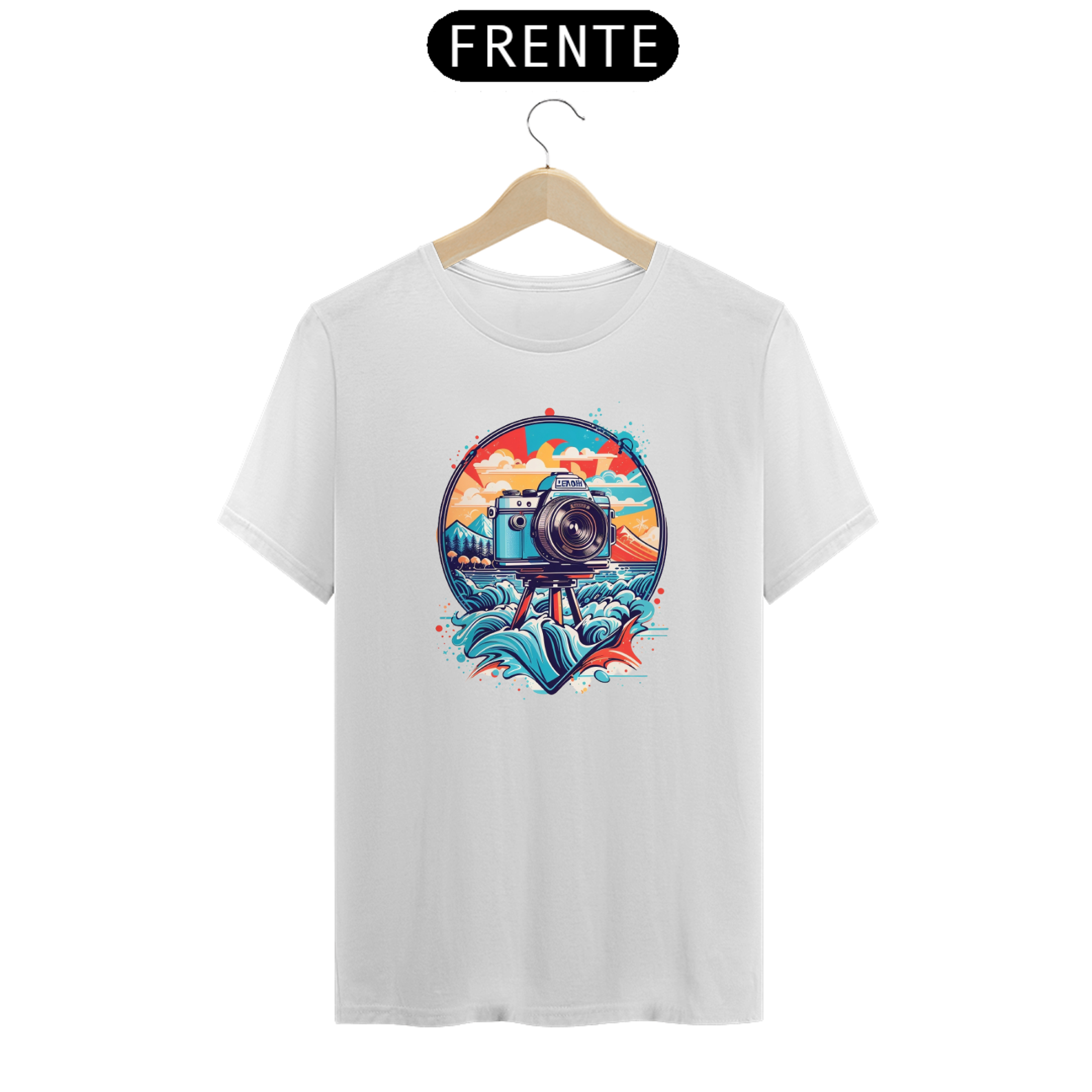 Camiseta fotos nas férias, câmera fotográfica