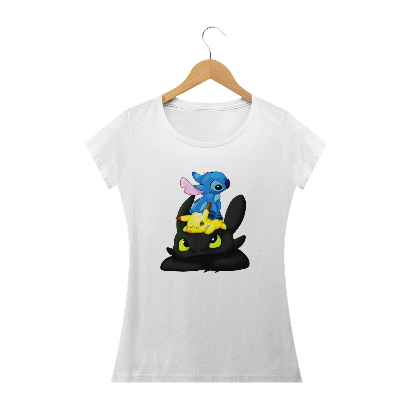 Nome do produto: Camiseta Feminina- Stitch, Pikachu e Banguela