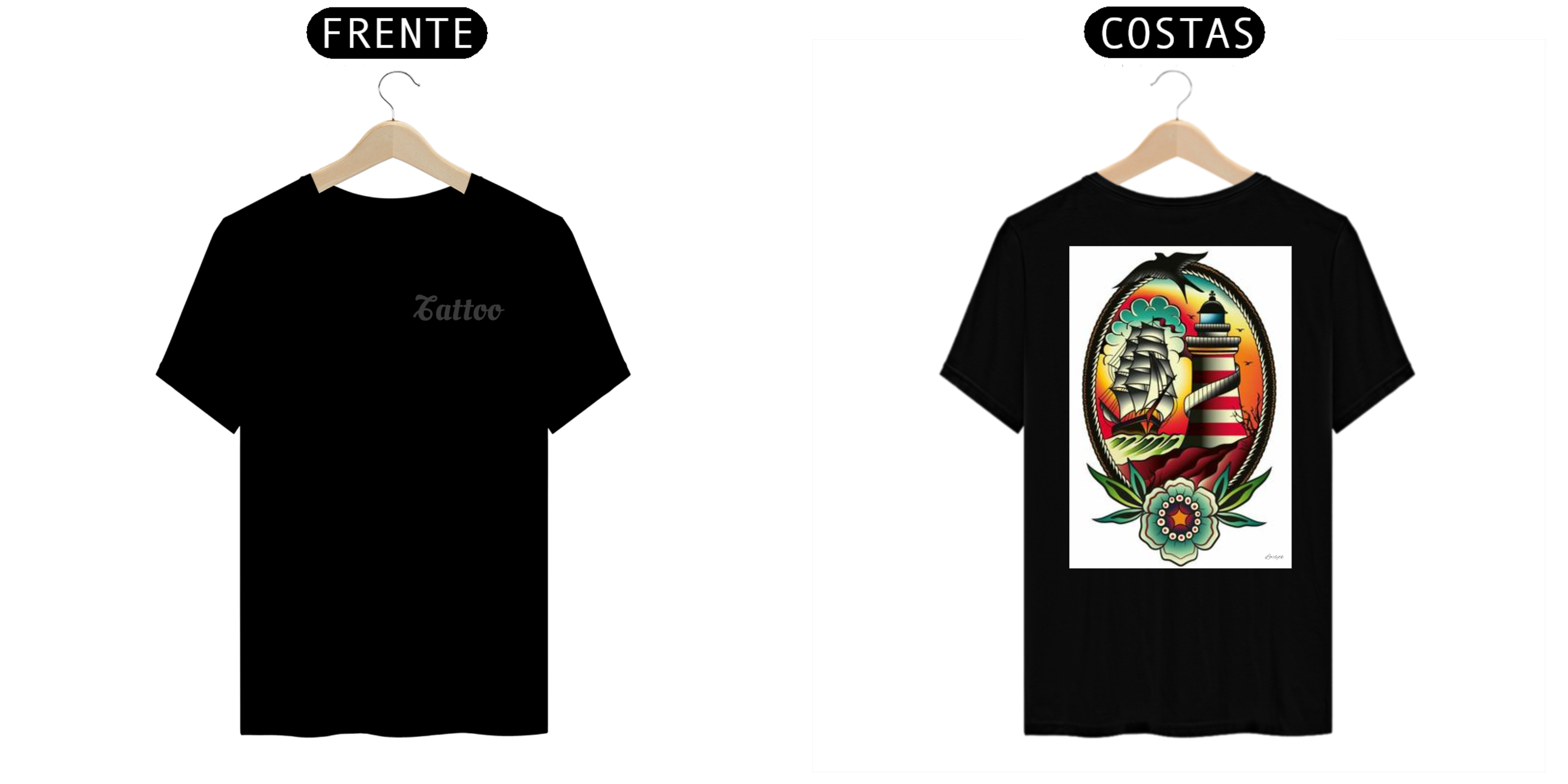 Camiseta Masculina - Tattoo Navio e Farol