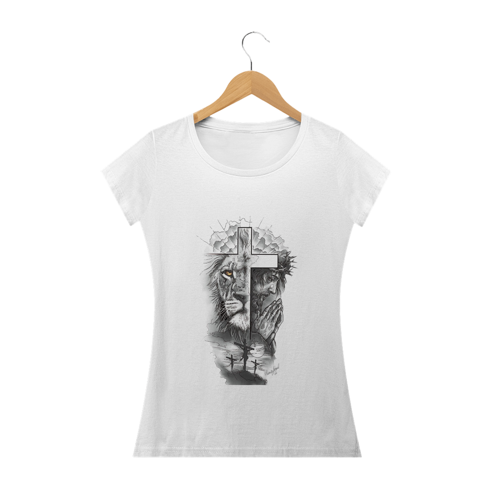 Camiseta feminina a Cruz o Cordeiro e o Leão 