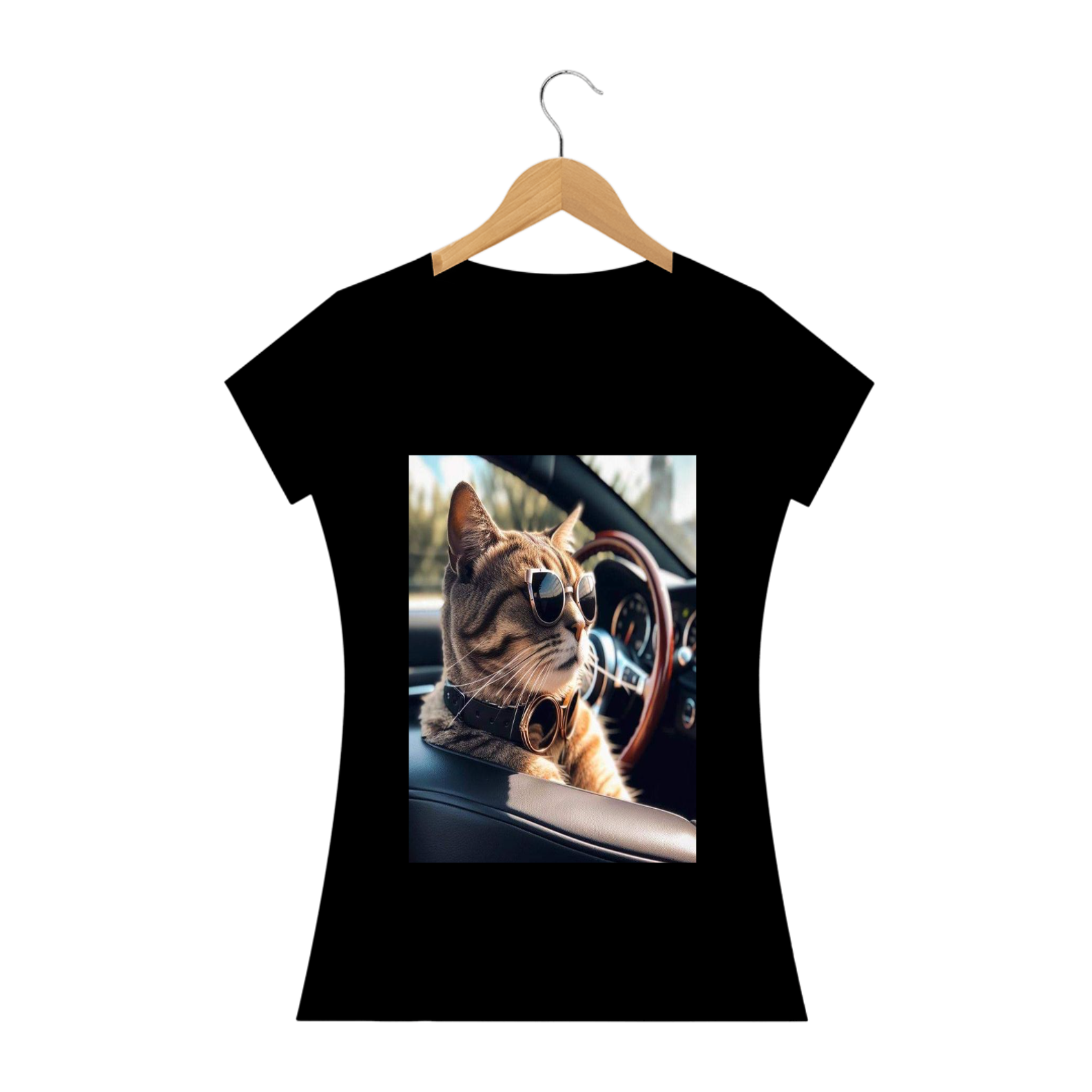 Camiseta Feminina Gato No Carro Conversível