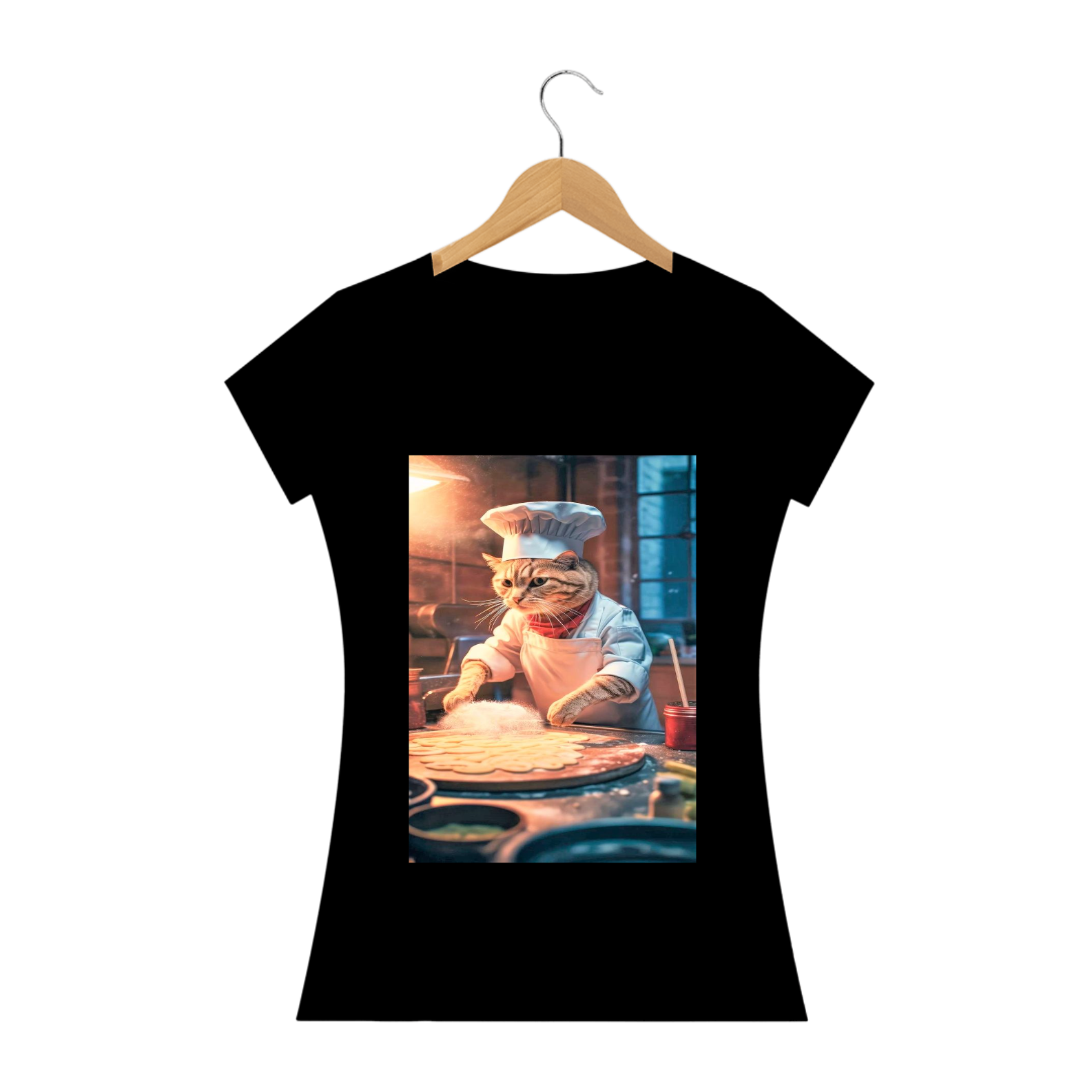 Camiseta Feminina Gato Fazendo Pizza