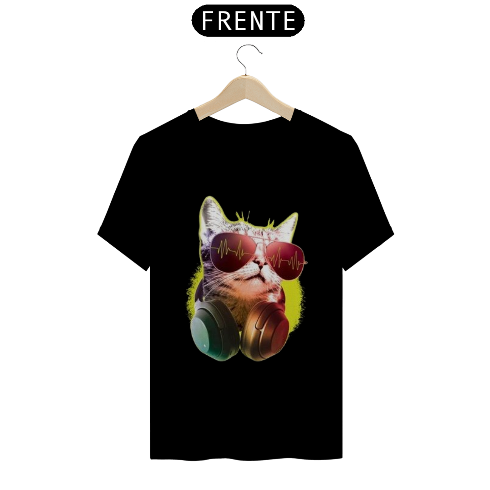 Camiseta Gato Com Óculos Escuros e Fone