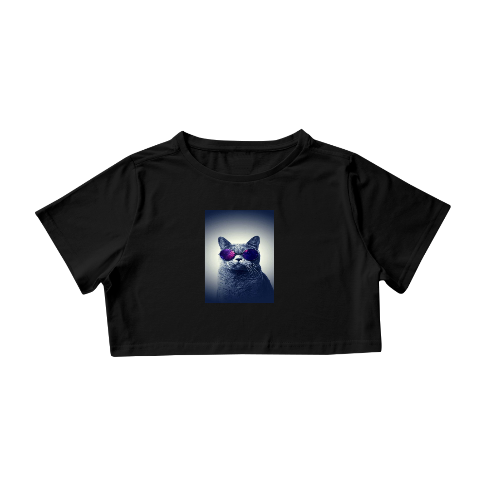 Camiseta Cropped Gato com Óculos de Sol Roxo