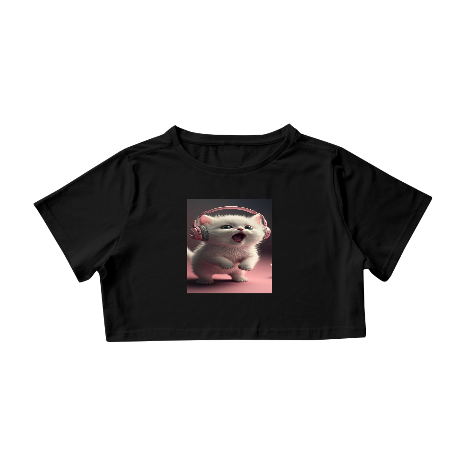 Camiseta Cropped Gato com Fone Rosa