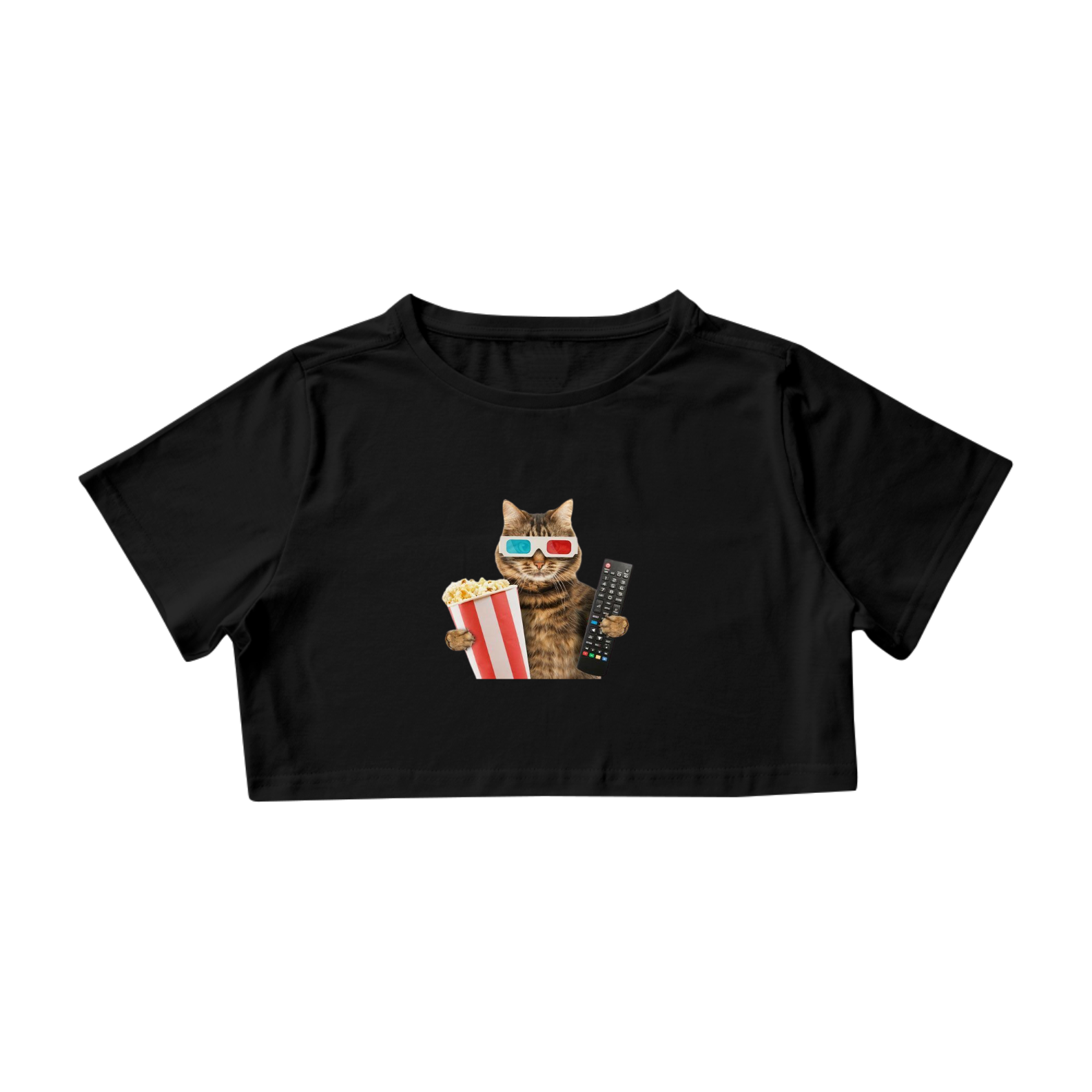 Camiseta Cropped Gato com Óculos 3D e Pipoca